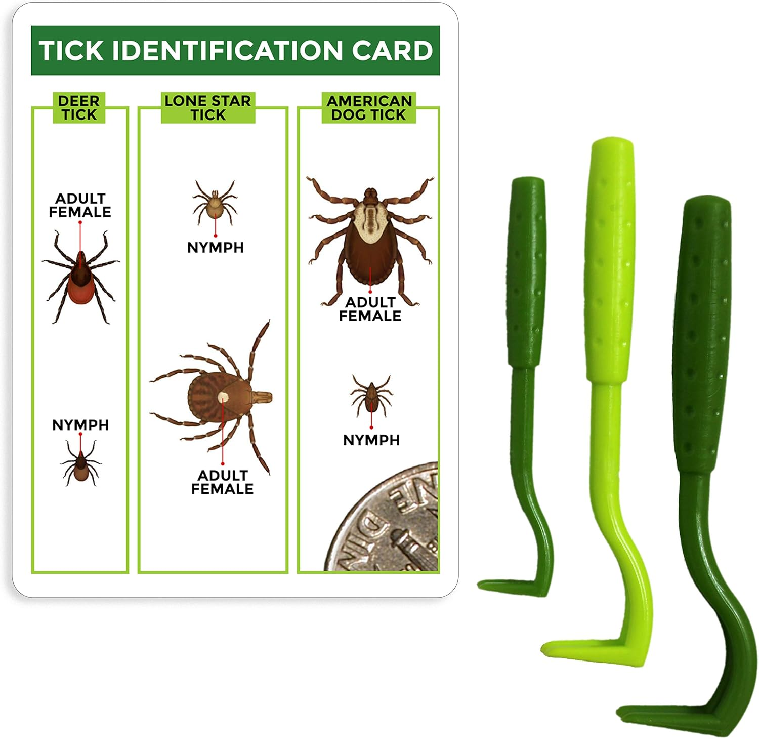 TickCheck Tick Remover 3-Pack with Tick Species Identification Card showing Deer Tick, Lone Star Tick, and American Dog Tick — includes two green hook-style removers and resealable storage pouch