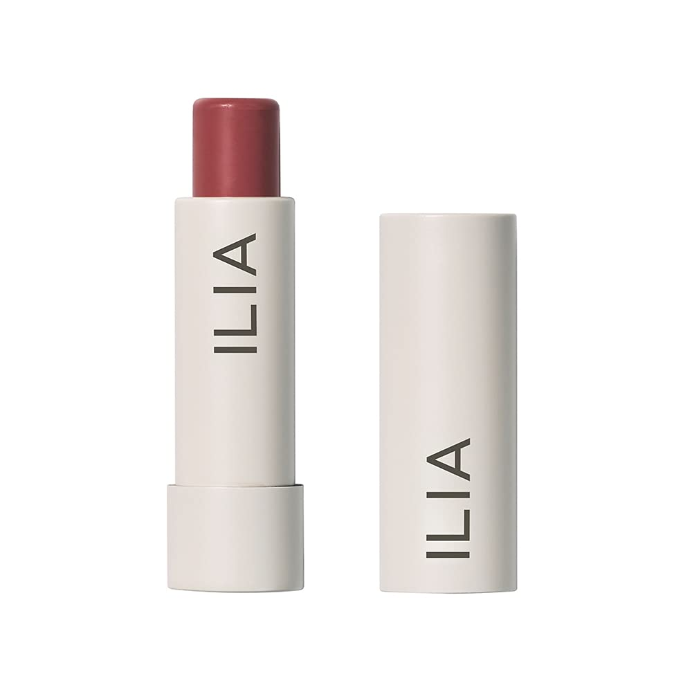 ILIA Balmy Tint Hydrating Lip Balm in Runway — a mauve-rose tinted clean lip balm with soft shine, vegan and cruelty-free, shown open and capped in minimalist white packaging