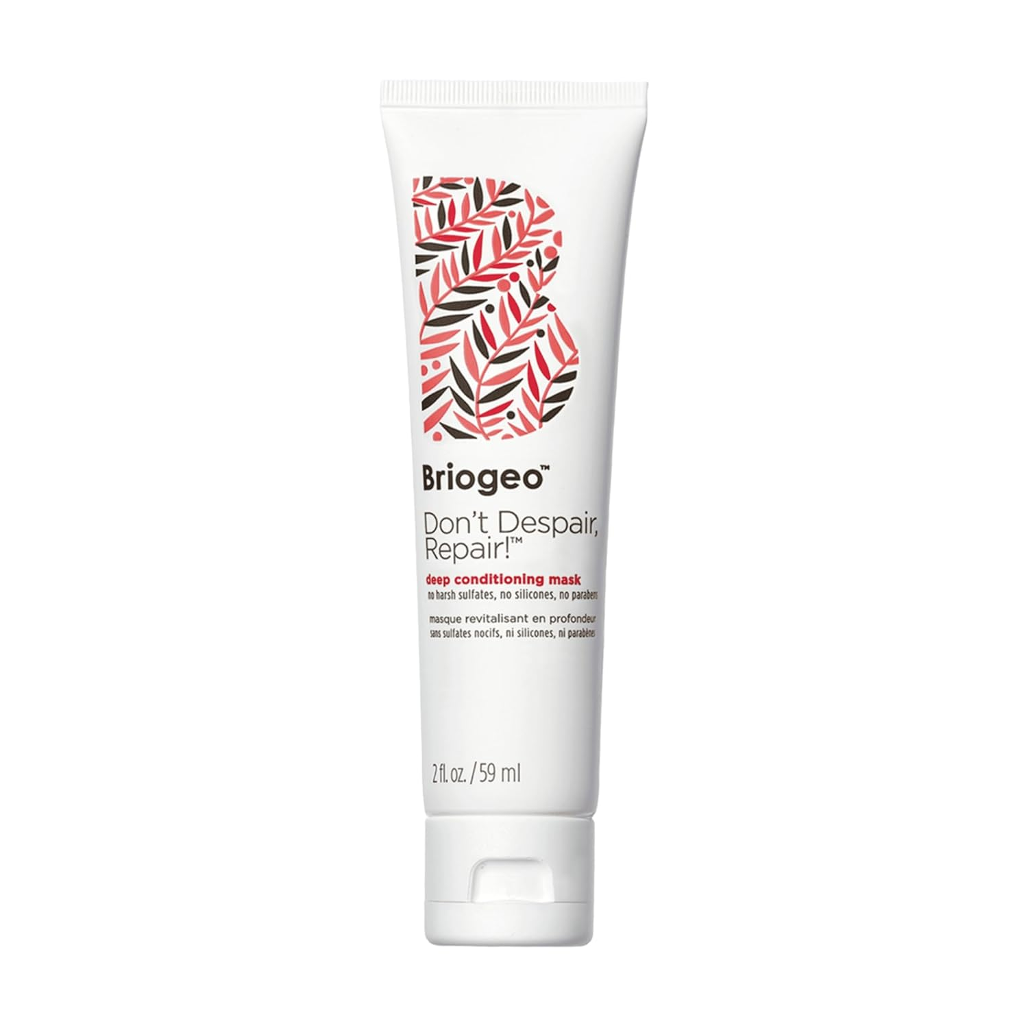 Briogeo Don't Despair Repair Deep Conditioning Mask 2 fl oz tube, no harsh sulfates, no silicones, no parabens, clean hair mask for damaged hair on white background