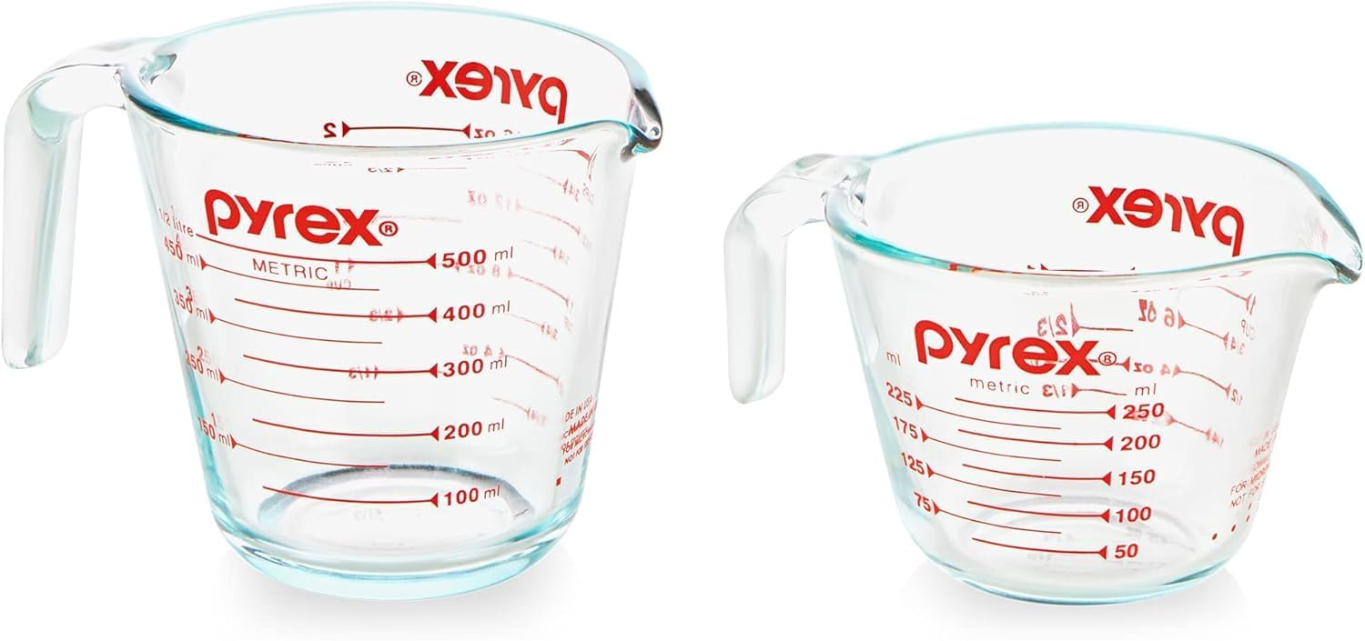 Pyrex Essentials 2-pack glass measuring cups set 1 cup and 2 cup — BPA-free, non-toxic borosilicate glass kitchen essential