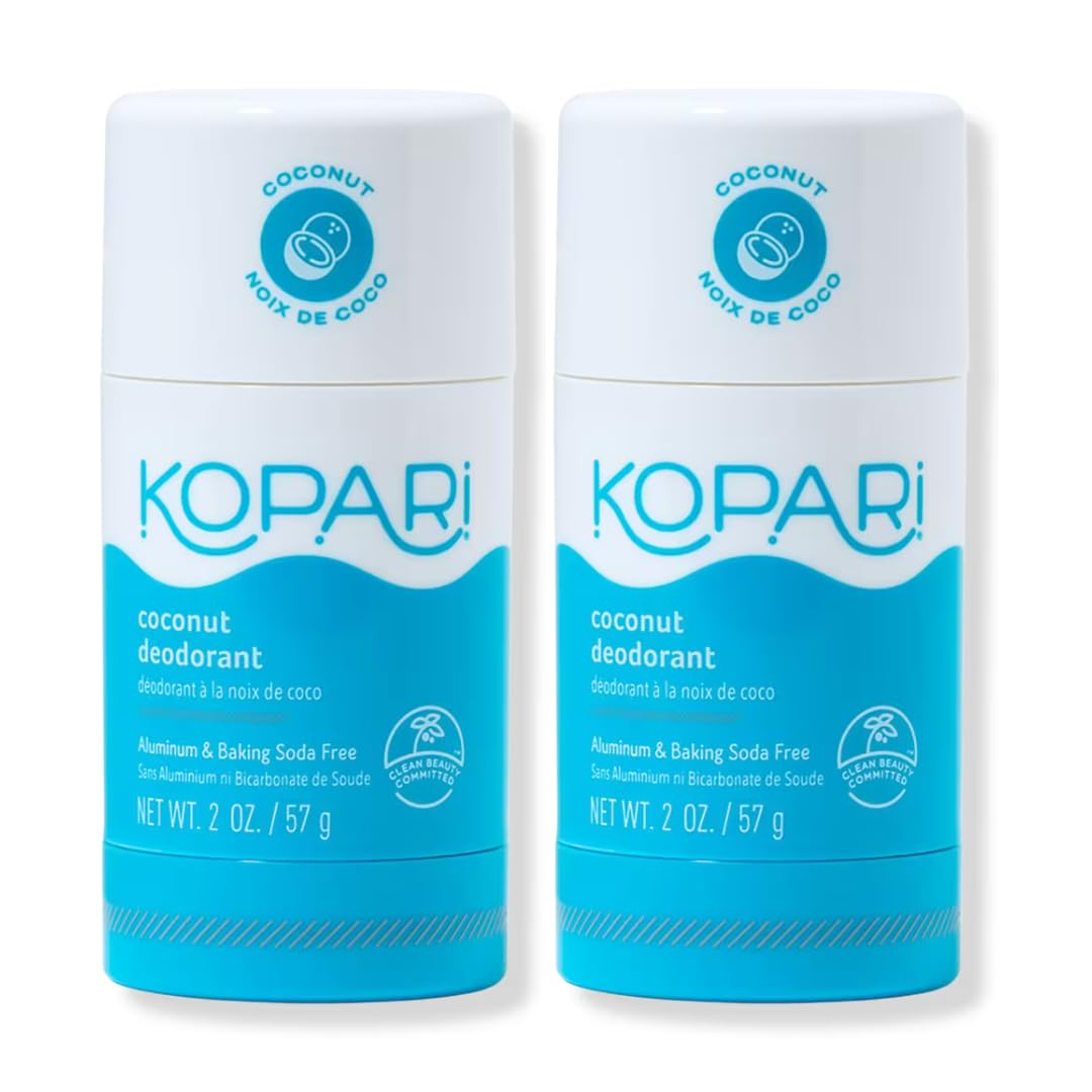 Kopari Aluminum Free Coconut Deodorant 2-Pack in white and teal packaging with coconut icon, labeled Aluminum & Baking Soda Free and Clean Beauty Committed, 2 oz each, on a white background.