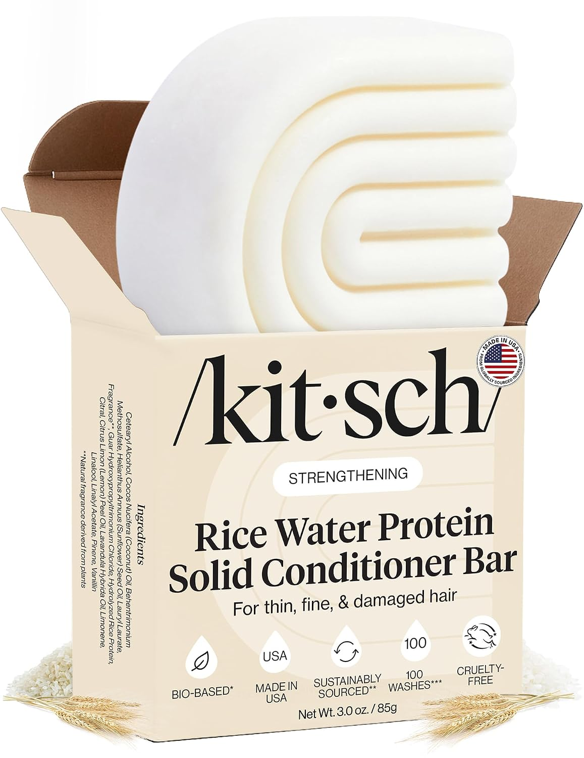 Kitsch Rice Water Protein Solid Conditioner Bar 3oz in open kraft box showing white ridged bar, labeled strengthening, bio-based, made in USA, cruelty-free, 100 washes