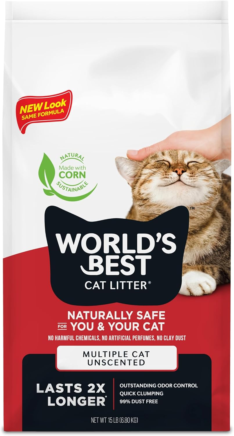 World’s Best Cat Litter Multiple Cat Unscented, 15 lb bag with red and white packaging