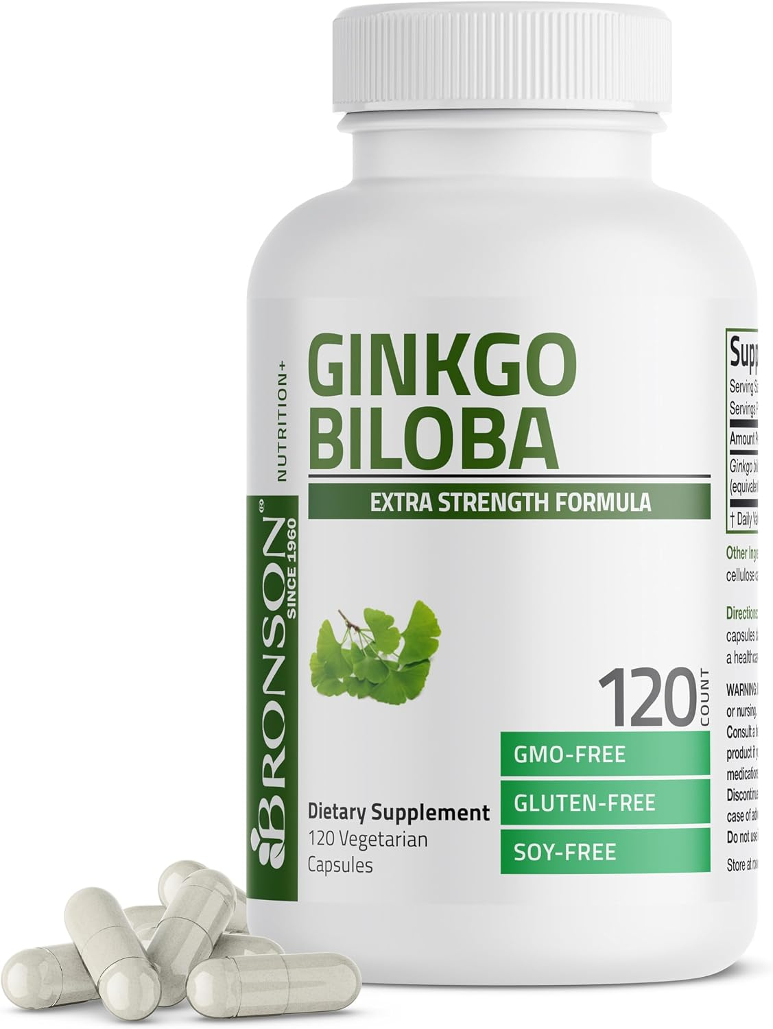 Bronson Ginkgo Biloba Extra Strength Formula 120mg supplement bottle — 120 vegetarian capsules, GMO-free, gluten-free, soy-free for brain health focus and memory support
