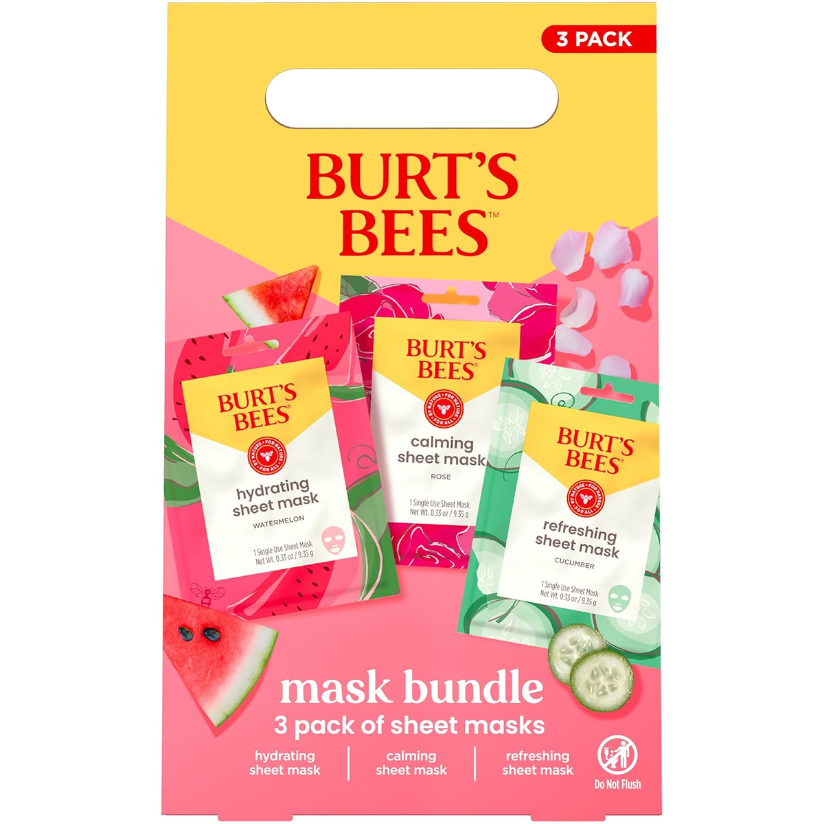 Burt's Bees Face Mask Bundle Set with Hydrating Watermelon, Calming Rose and Refreshing Cucumber sheet masks in colorful 3-pack gift packaging — BodyWell1