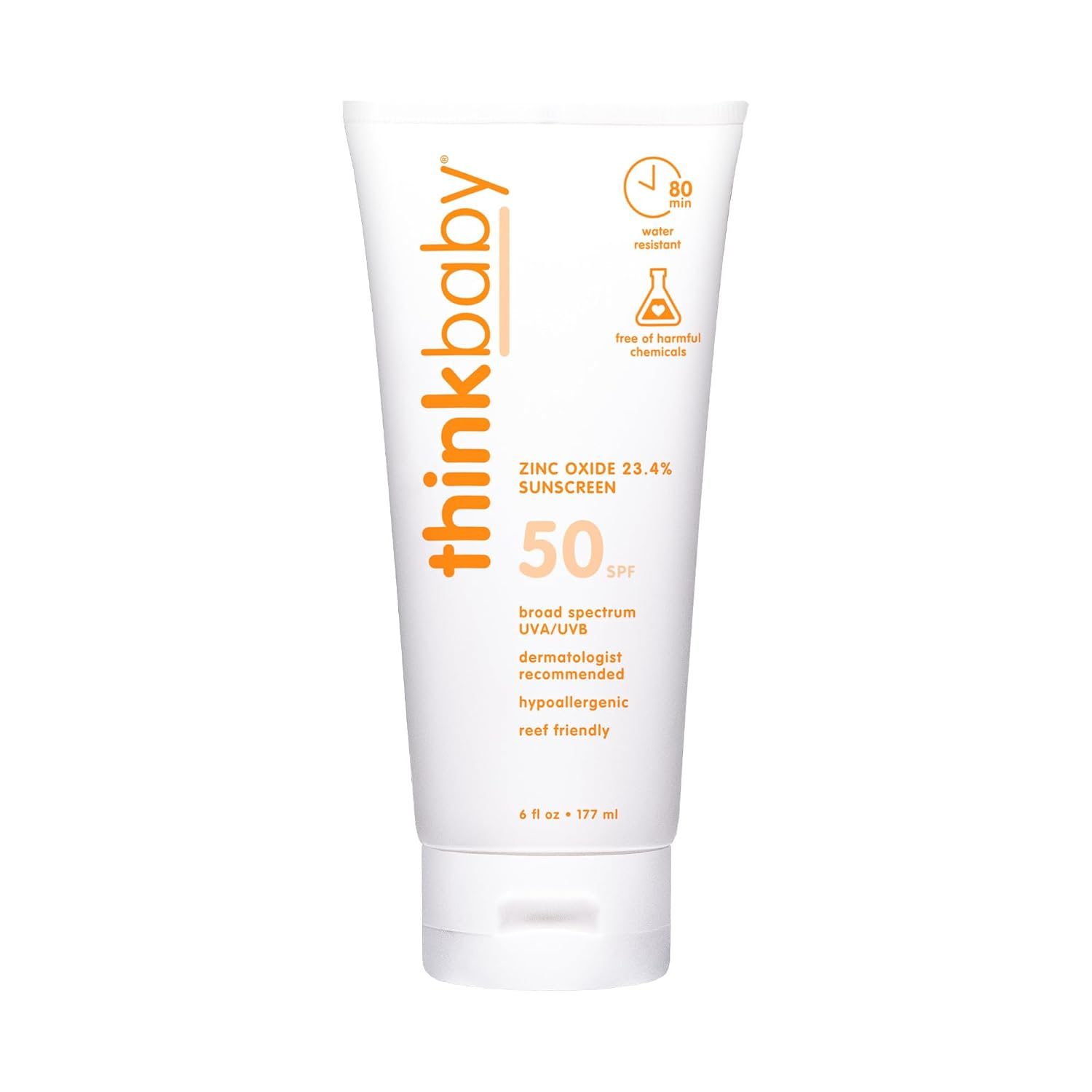 Thinkbaby SPF 50+ Baby Sunscreen 6 oz white tube with orange text — zinc oxide mineral sunscreen for babies and kids, water resistant and reef friendly