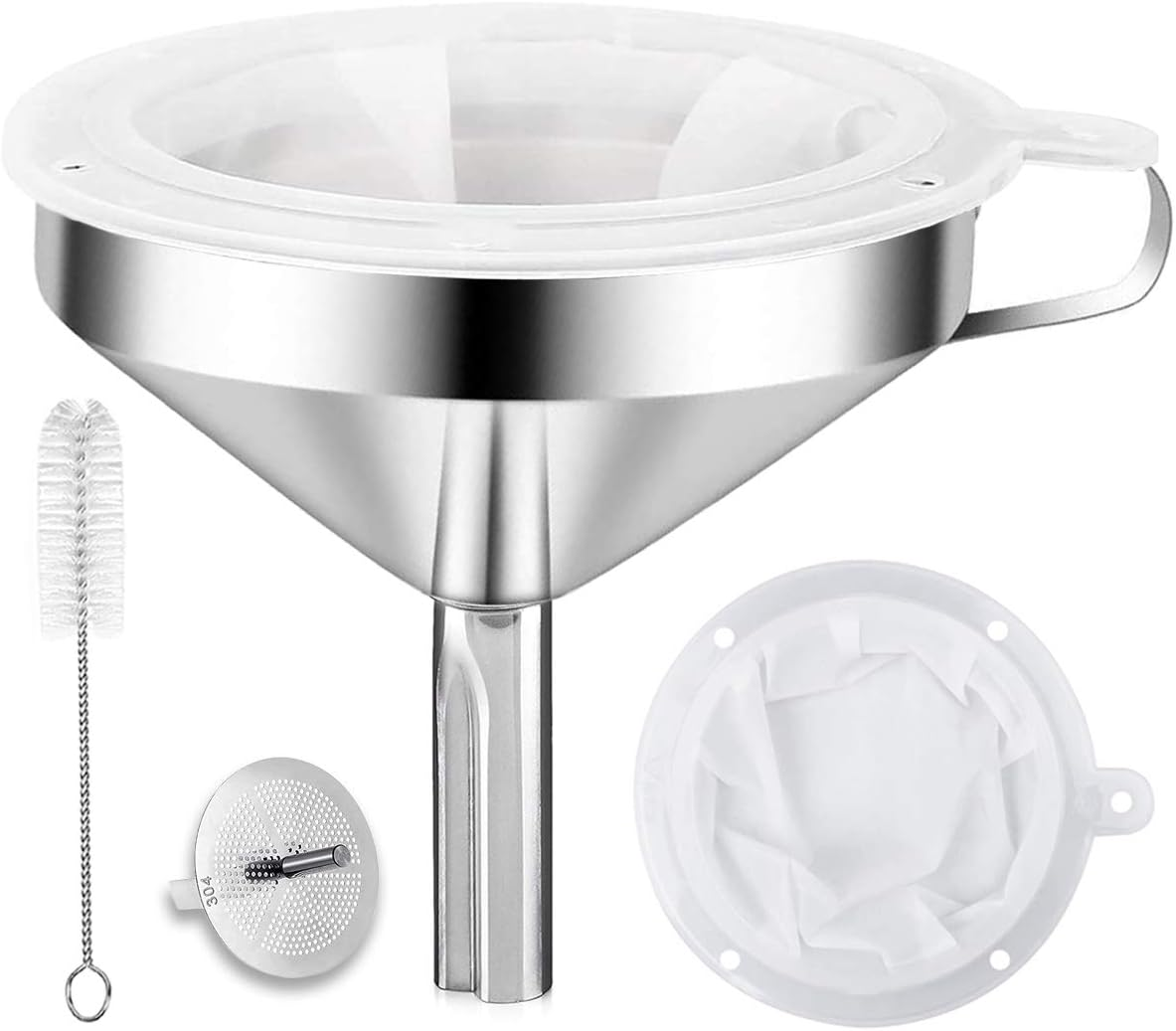304 stainless steel kitchen funnel set including funnel, stainless steel strainer, 200-mesh nylon filter, and cleaning brush on white background