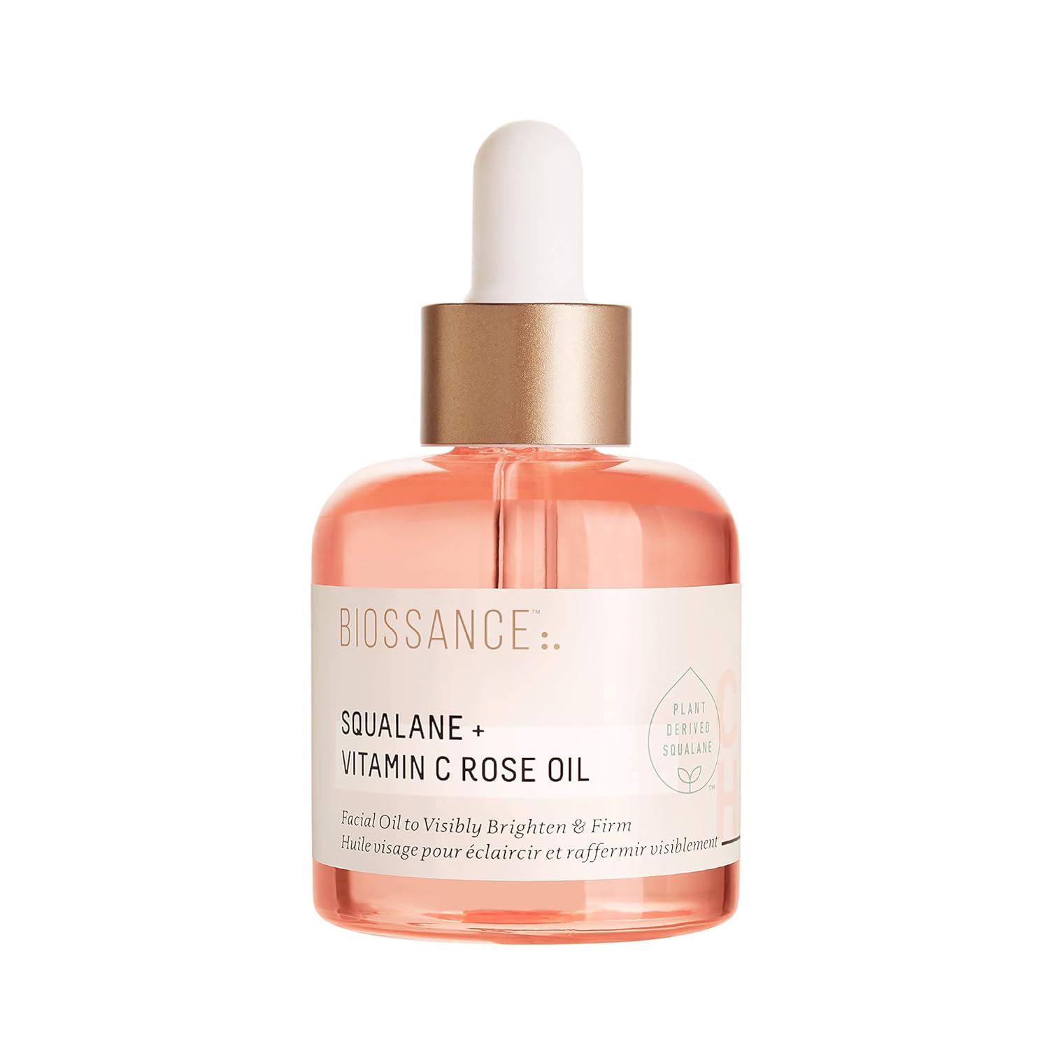 Biossance Squalane and Vitamin C Rose Oil facial oil dropper bottle, plant-derived squalane, visibly brightens and firms skin, clean non-toxic skincare on white background