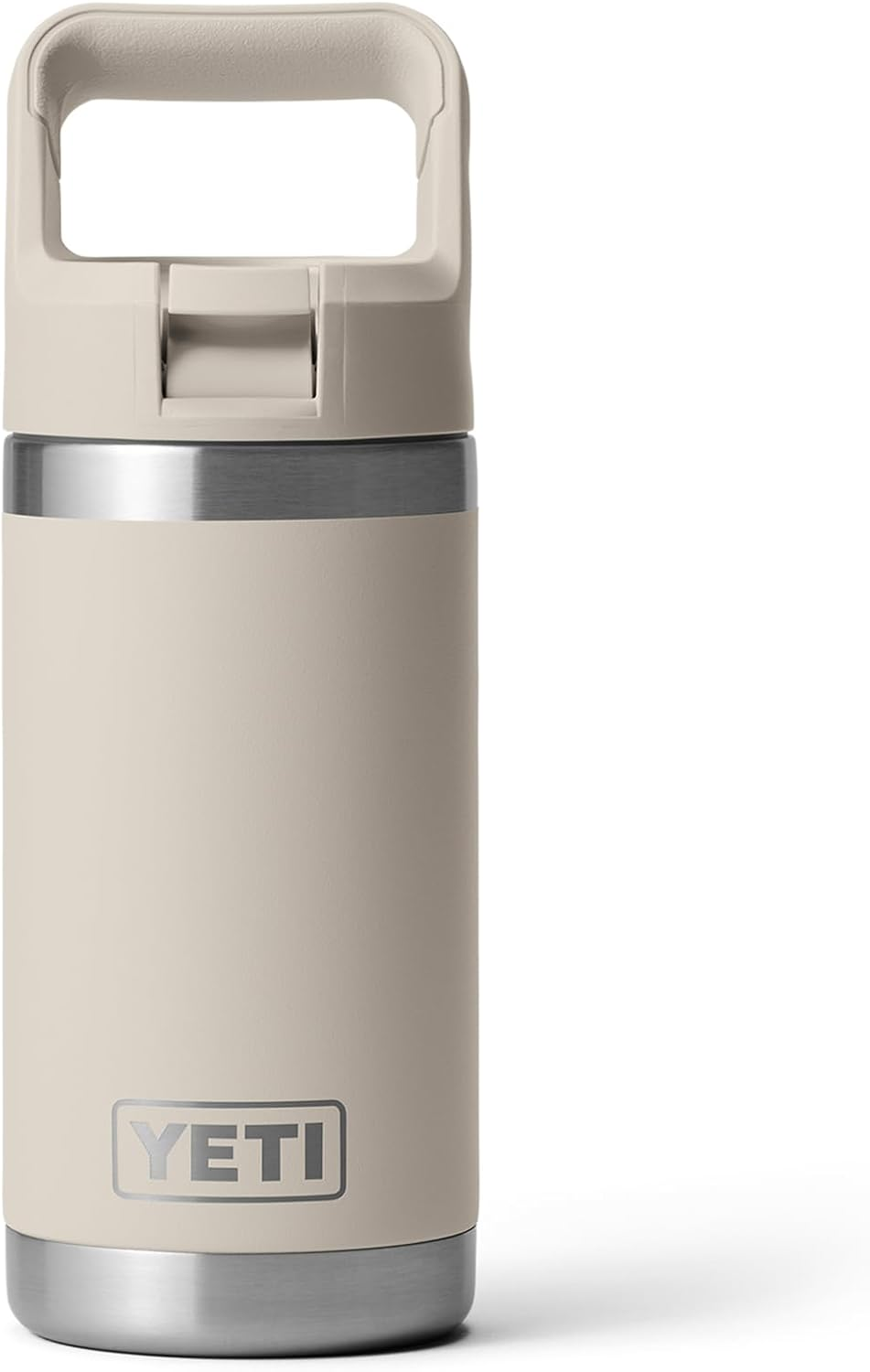 YETI Rambler Jr. 12 oz kids stainless steel water bottle with straw cap in tan colorway on white background