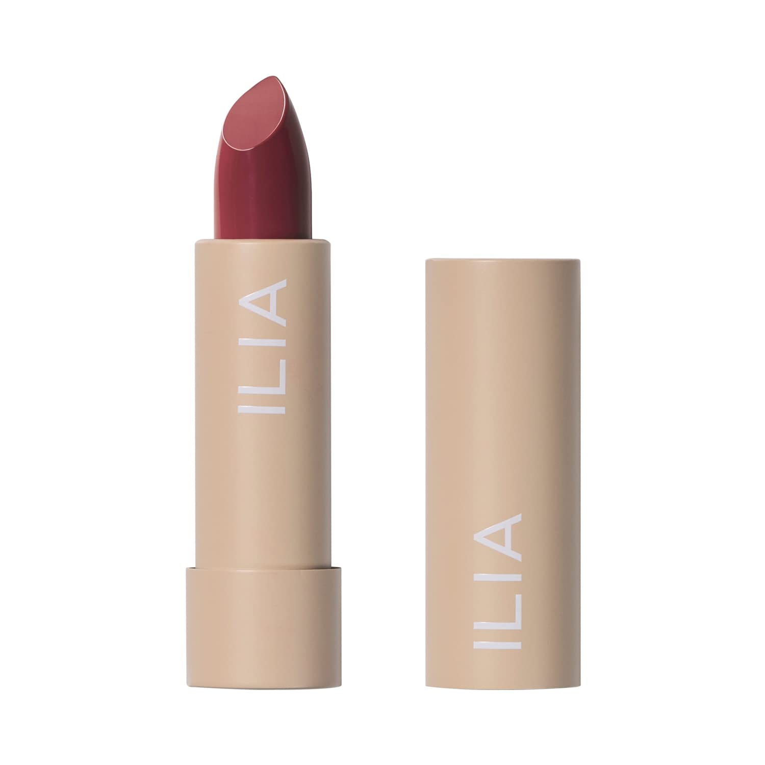 ILIA Color Block Lipstick in Wild Aster berry brown shade in beige tube, vegan cruelty-free non-toxic full coverage lipstick on white background
