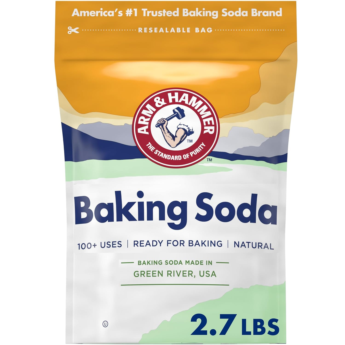 ARM & HAMMER Baking Soda 2.7 lb resealable bag — food grade, pure and natural, made in USA