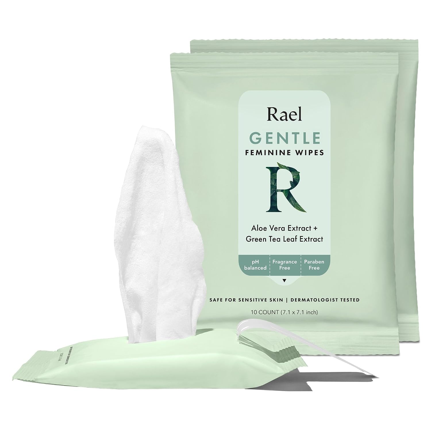 Rael Gentle Feminine Wipes with aloe vera and green tea leaf extract, pH balanced, fragrance free, paraben free, 30 count flushable travel size wipes