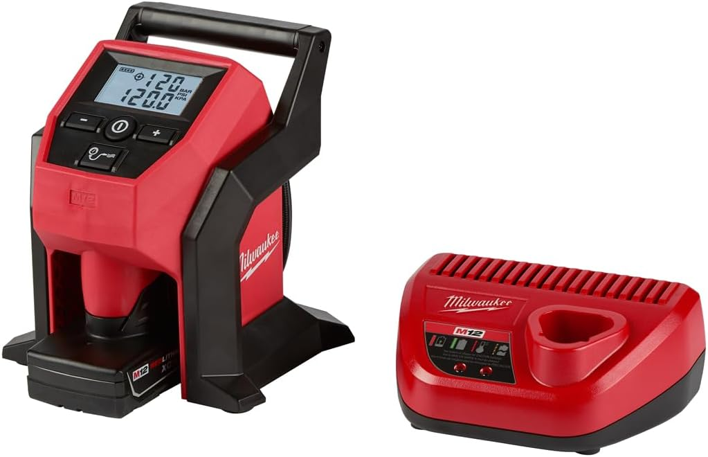 Milwaukee M12 tire inflator with digital gauge, shown with an M12 battery and charger on a white background