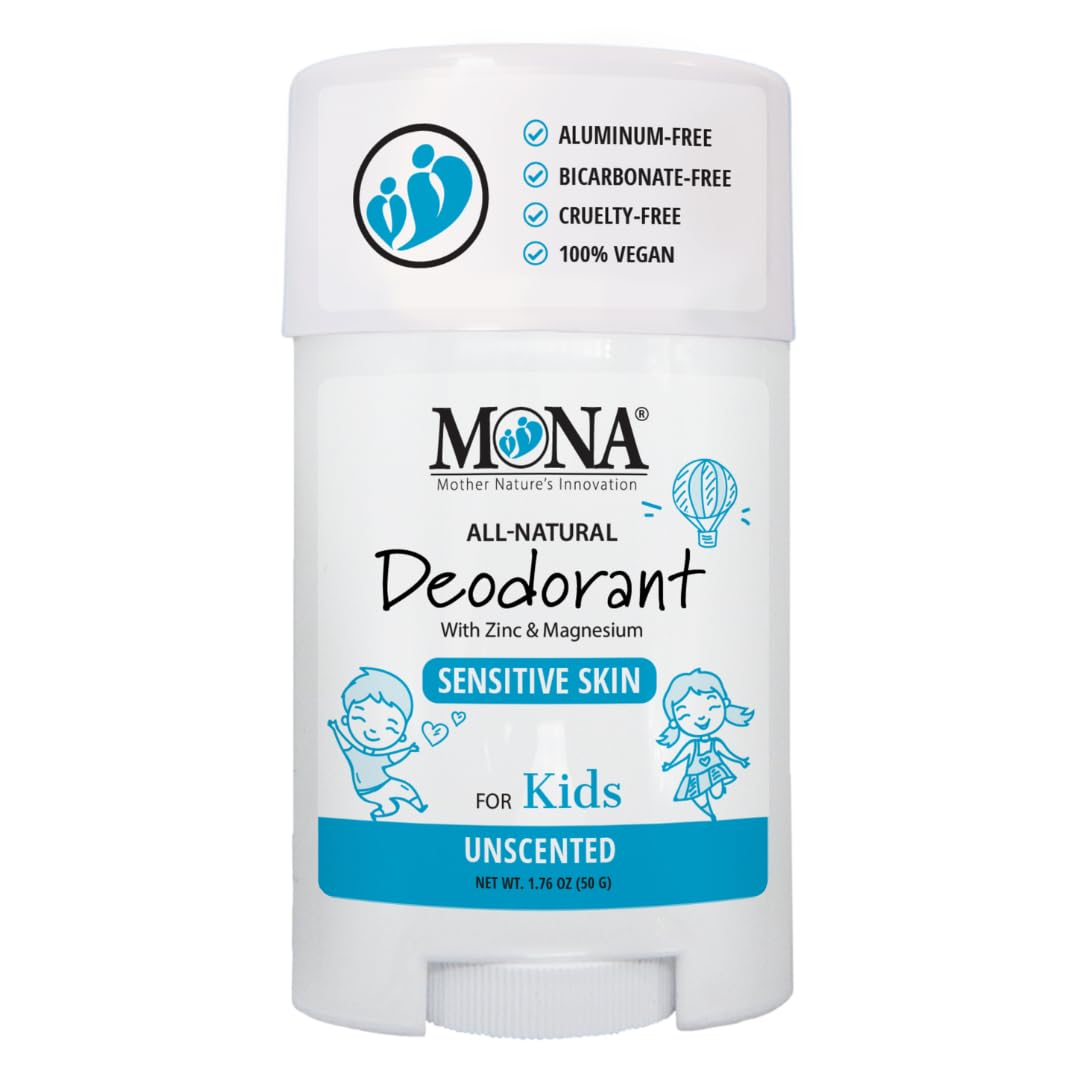 MONA All-Natural Unscented Deodorant for Kids – Aluminum-Free, Bicarbonate-Free, Vegan, 1.76 oz stick