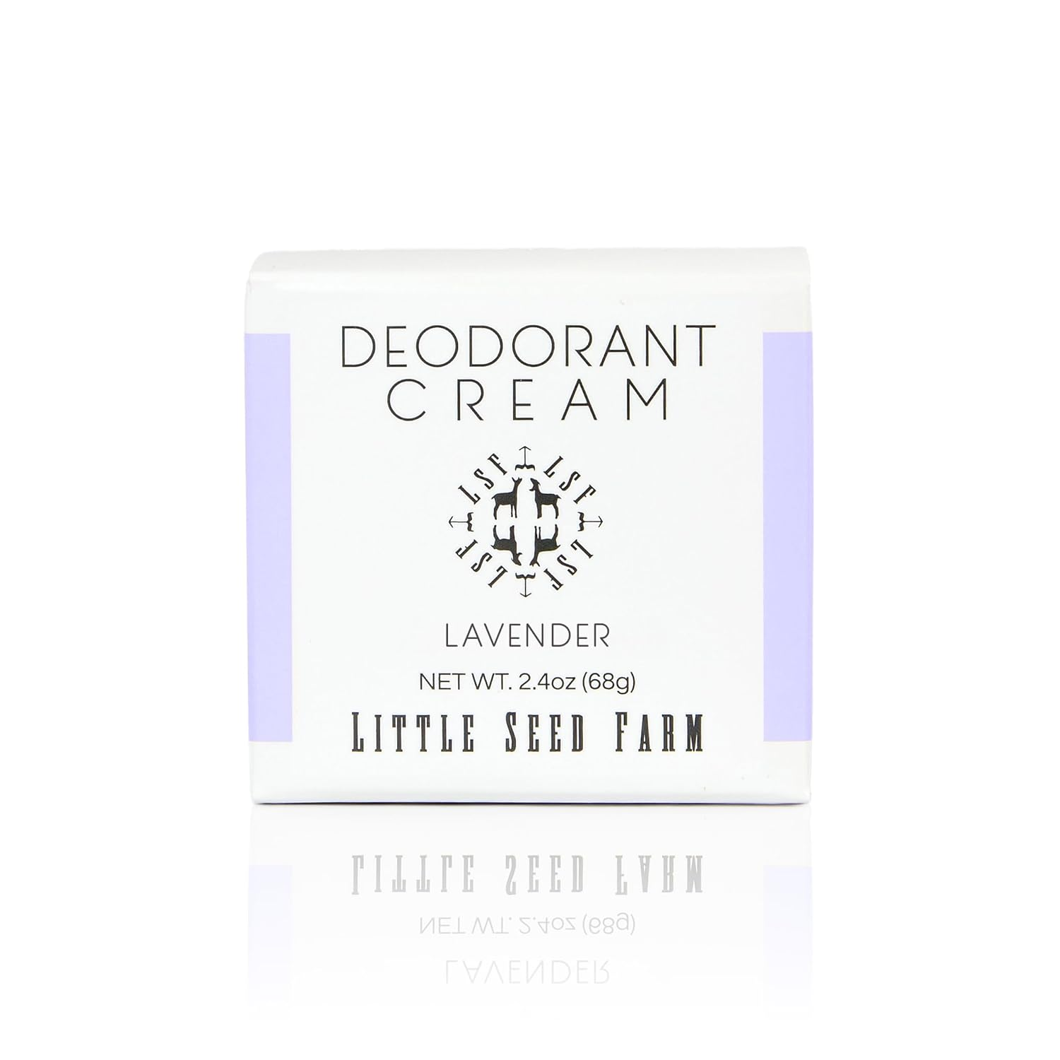 Little Seed Farm All Natural Deodorant Cream in Lavender, minimal white square box with soft lavender purple side panels and clean black serif typography, net wt 2.4oz 68g, on a white background.