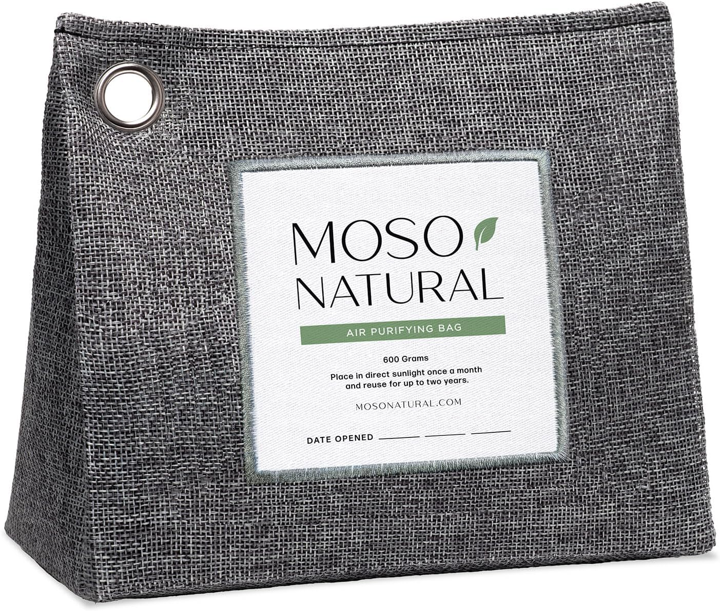 Moso Natural Air Purifying Bag 600g gray woven bamboo charcoal bag with metal grommet and white label on white background