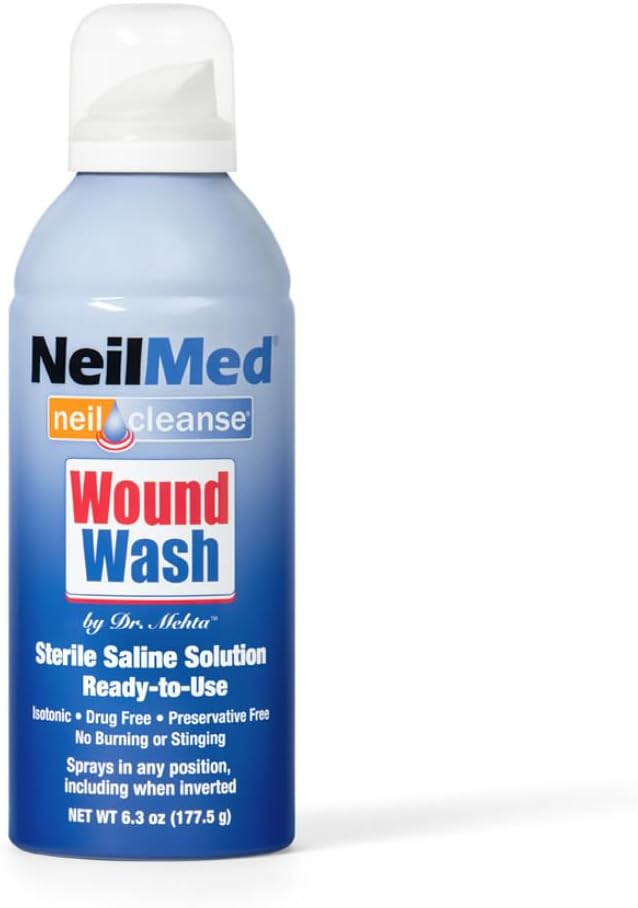 NeilMed NeilCleanse 6.3 oz wound wash can, sterile saline solution, on a white background