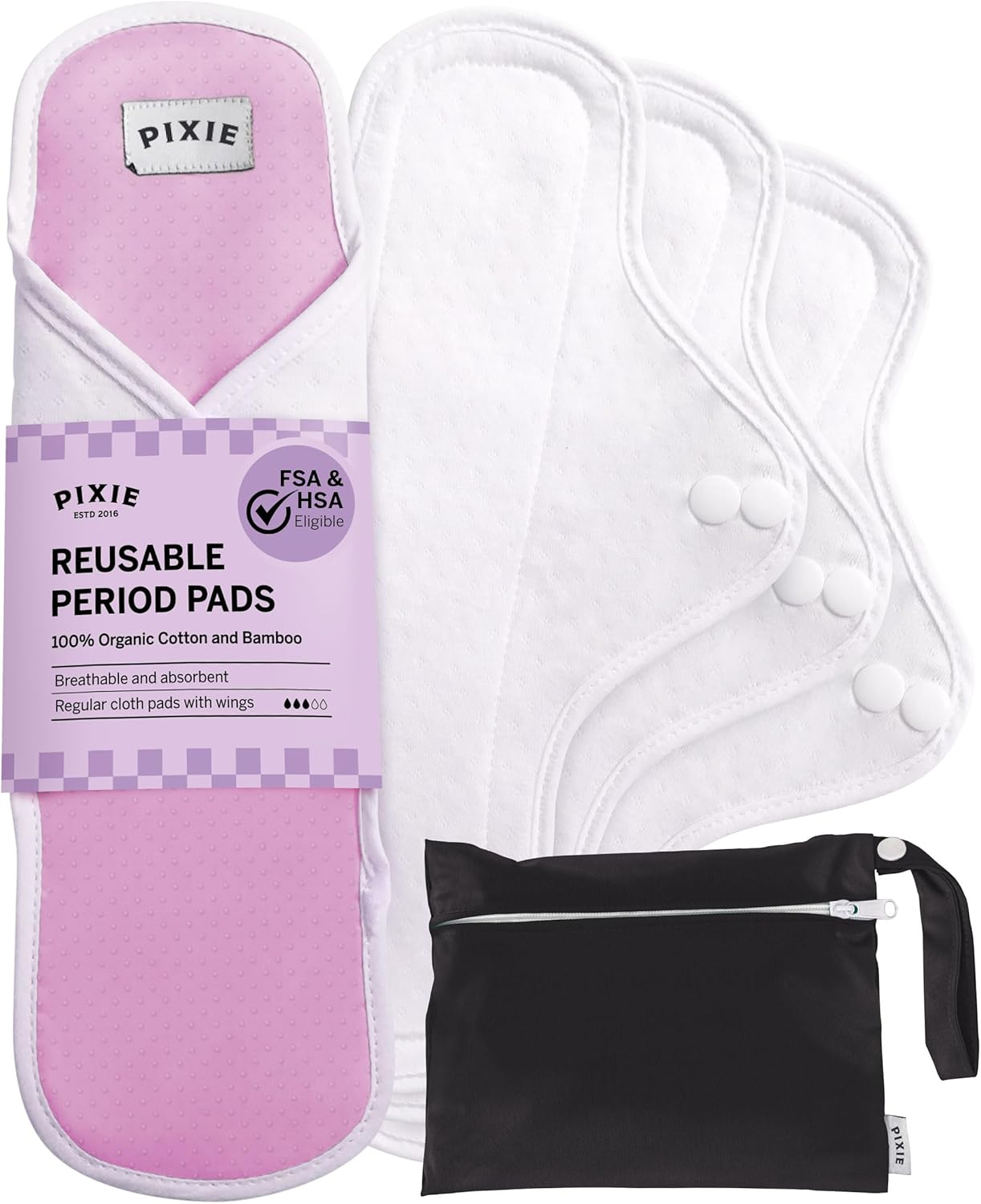 Pixie Cotton Cloth Pads — 100% organic reusable period pads in pink and white with wet bag, 4-pack regular size