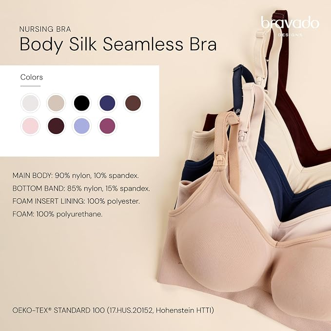Bravado Body Silk Seamless Nursing Bra material details and color options — OEKO-TEX Standard 100 certified