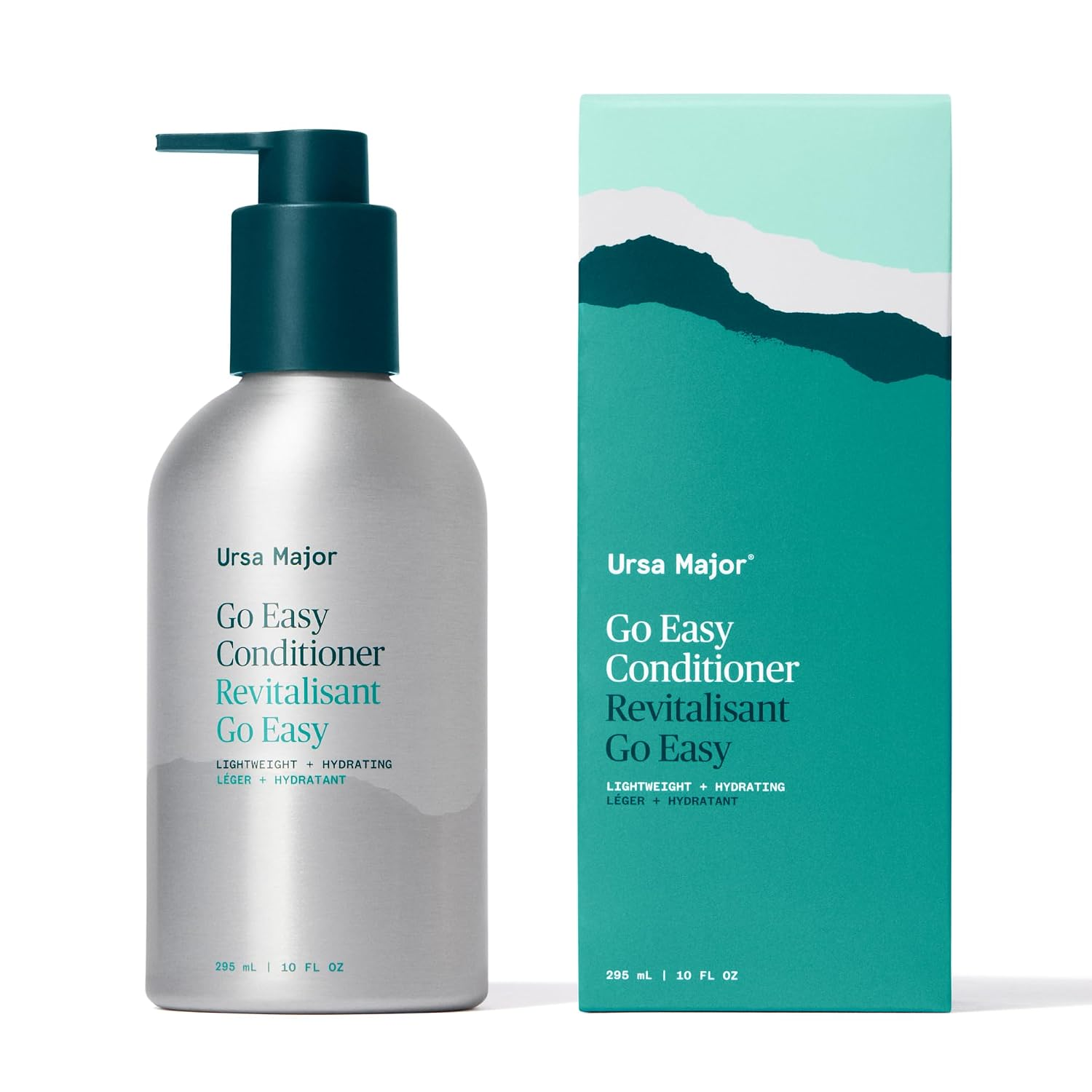 Ursa Major Go Easy Conditioner — silver aluminum pump bottle with teal cap and matching teal box on white background, 10 oz