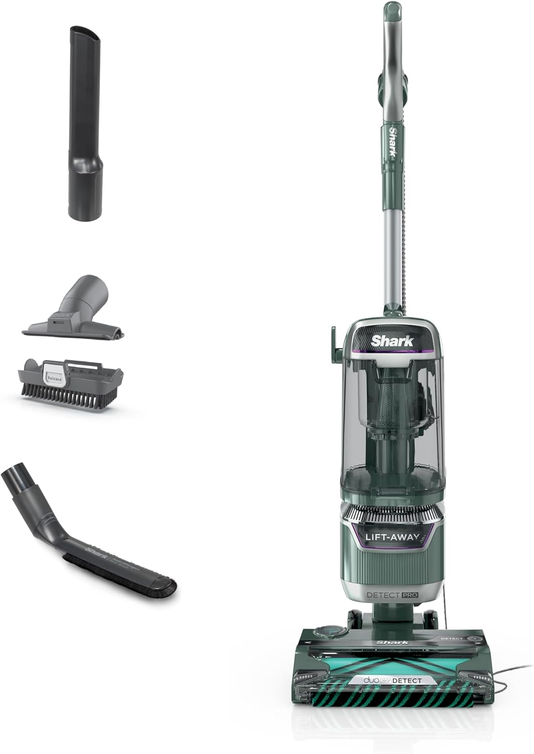 Shark Detect Pro Lift-Away upright vacuum with DuoClean Detect floor head and attachments on a white background