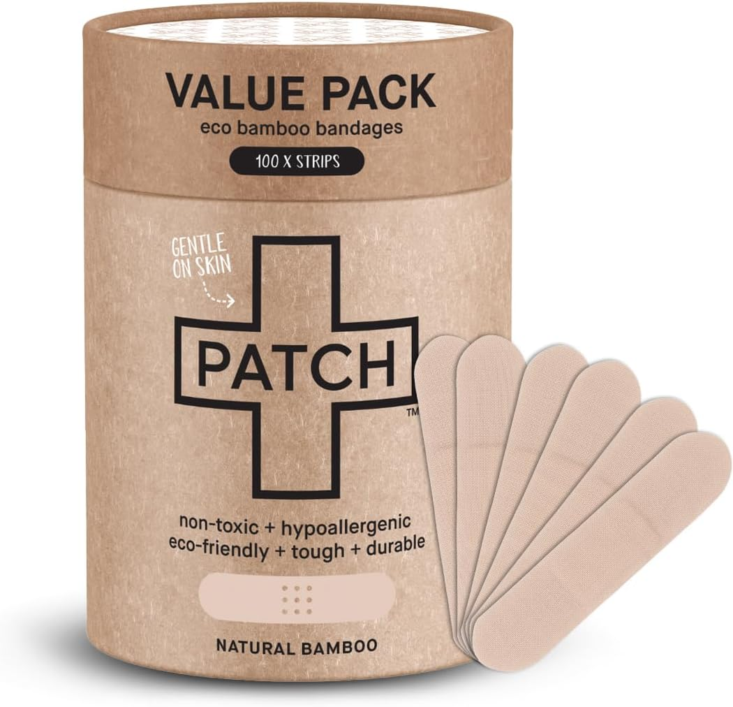 PATCH Organic Bamboo Bandages 100 count value pack in recyclable cardboard tube with bamboo bandage strips fanned out — compostable, latex-free, plastic-free hypoallergenic wound care
