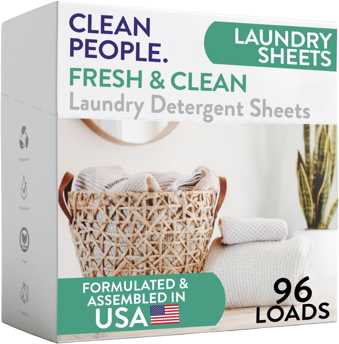 The Clean People Laundry Detergent Sheets Fresh & Clean Fresh Scent 96 Loads – recyclable cardboard box, formulated and assembled in USA