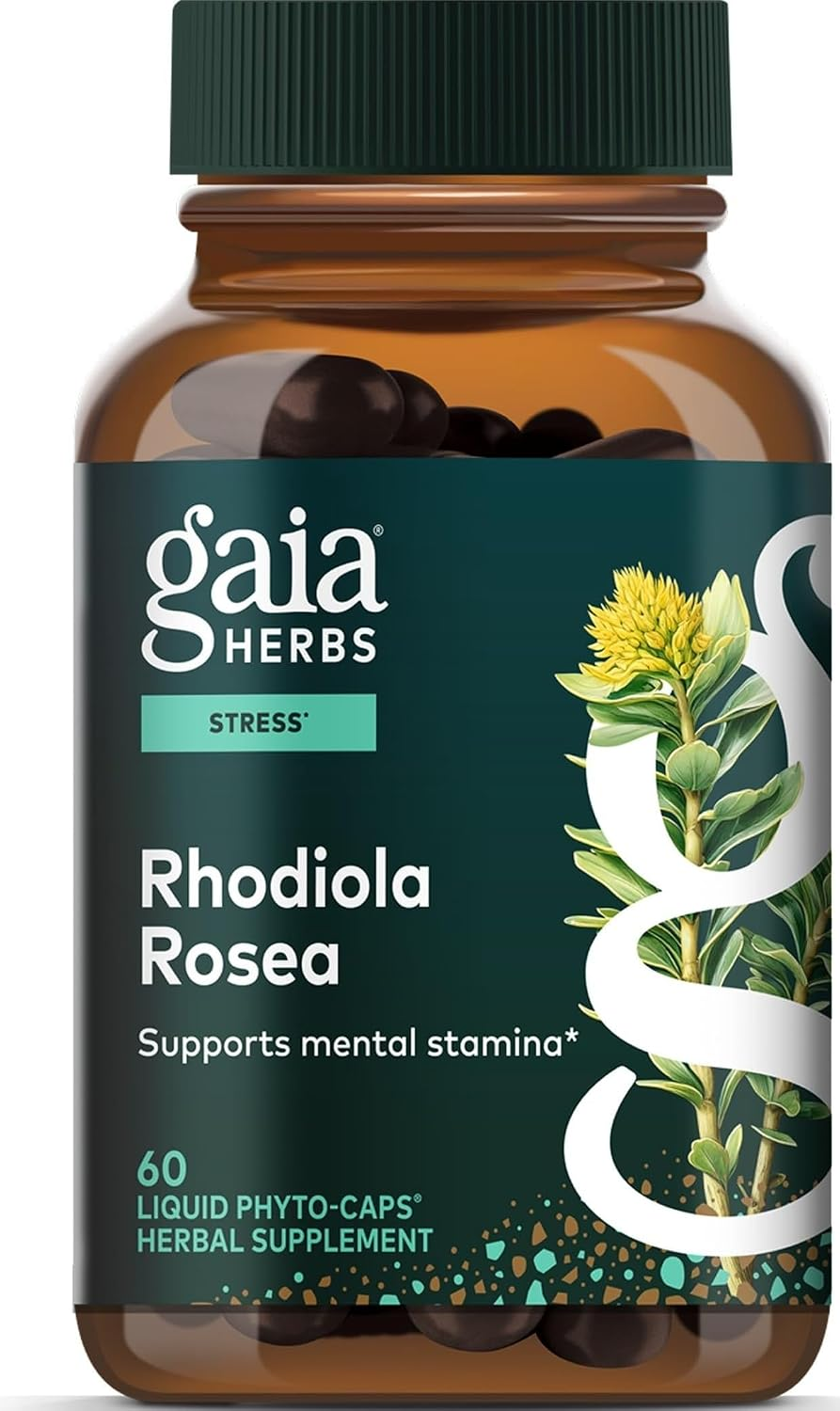 Gaia Herbs Rhodiola Rosea 60 Liquid Phyto-Caps dark green amber bottle — certified organic adaptogen for stress support and mental stamina — BodyWell1