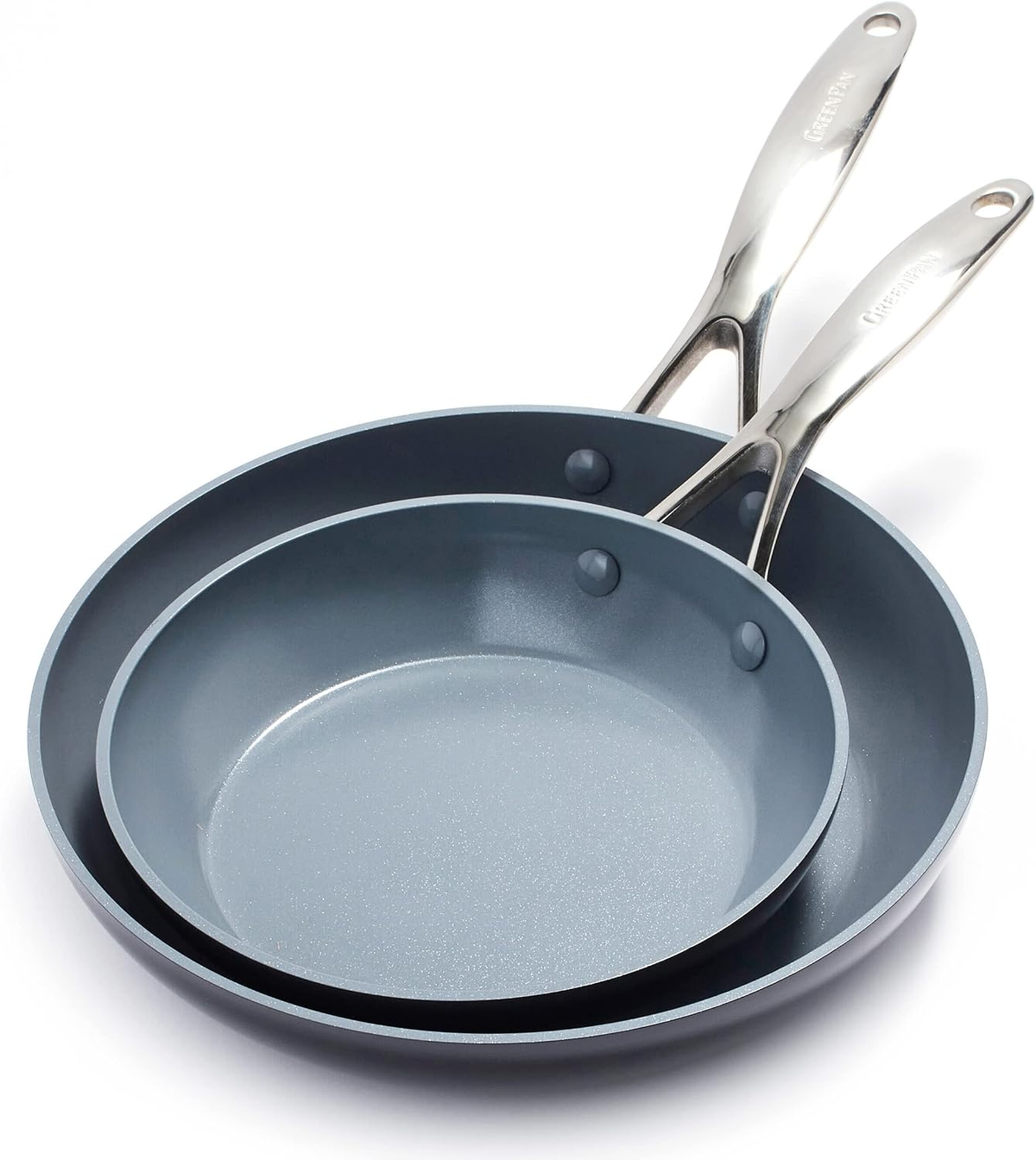 GreenPan Valencia Pro 2-Piece Ceramic Nonstick Skillet Set — 8" and 10" PFAS-free diamond-infused hard anodized frying pans on white background