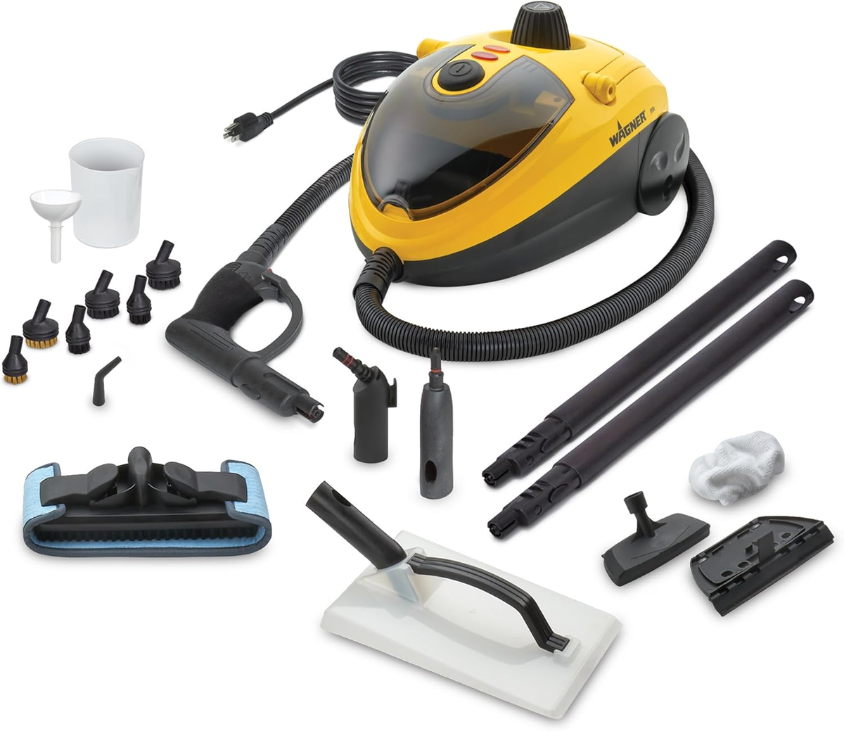 Wagner 915e on-demand steam cleaner with 18 accessories including steam mop attachments, brushes, and extension wands on a white background