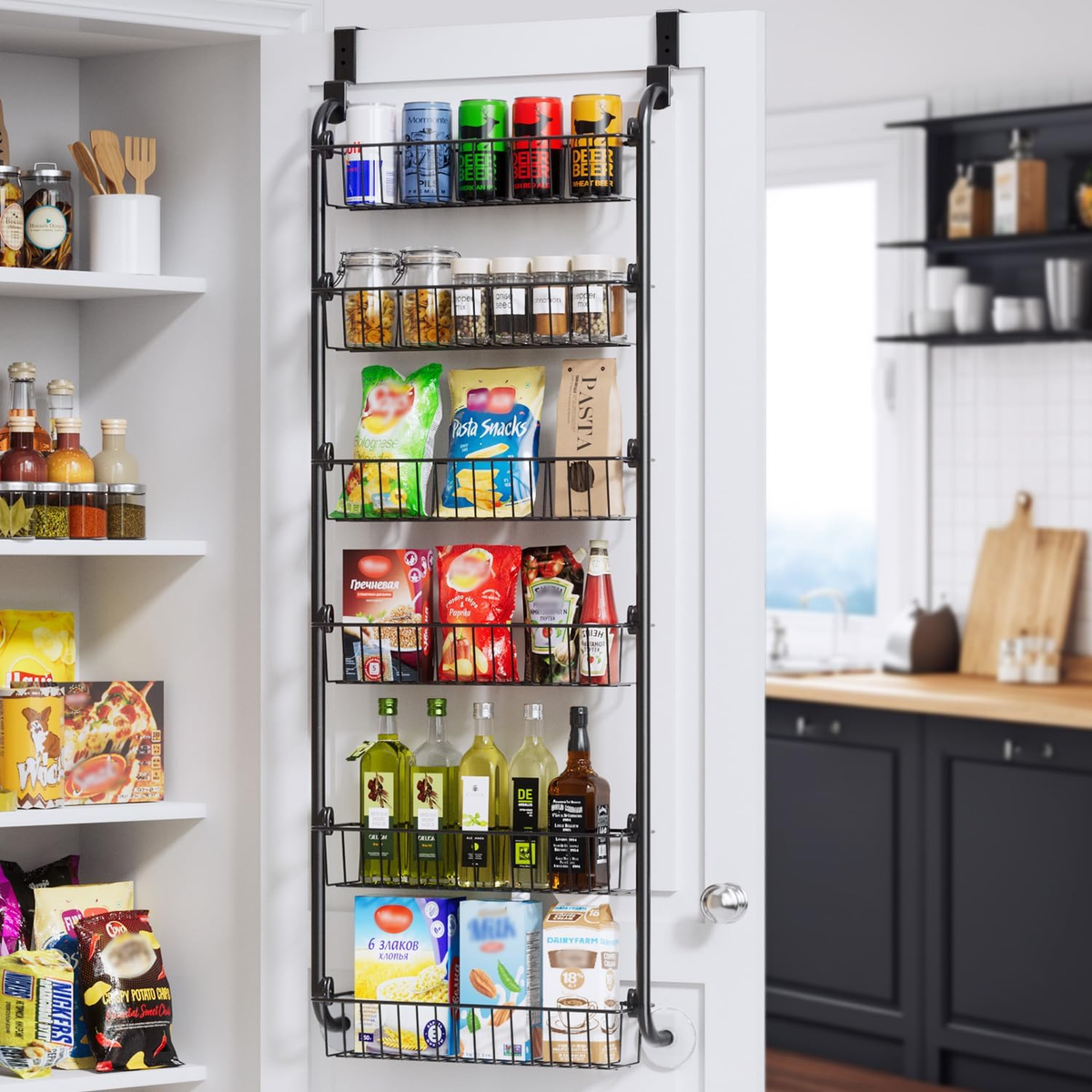 Black six-tier metal over-the-door pantry organizer holding spices, snacks, and bottles