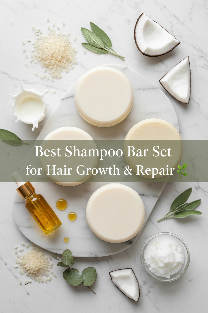 Kitsch 4pc shampoo and conditioner bar set flat lay with rice water and coconut oil ingredients