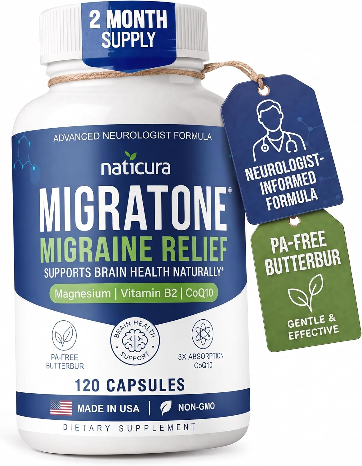 Naticura Migratone Migraine Relief 120 Capsules — Magnesium, B2, CoQ10, PA-Free Feverfew — BodyWell1