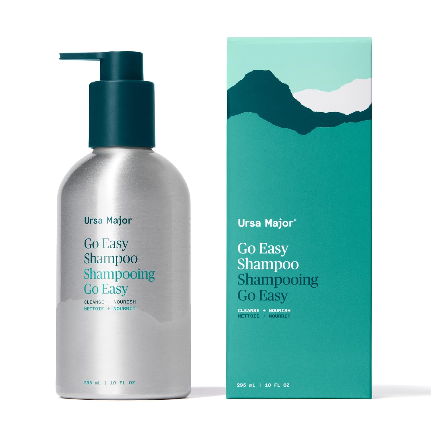 Ursa Major Go Easy Shampoo — silver aluminum pump bottle with teal cap and matching teal box on white background, 10 oz