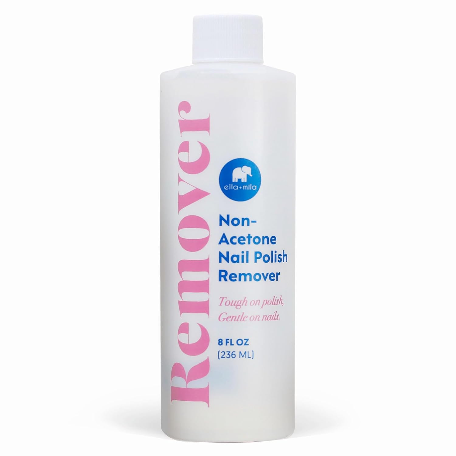 ella+mila Conditioning Non-Acetone Nail Polish Remover, 8 fl oz white bottle with pink typography, gentle and nourishing formula