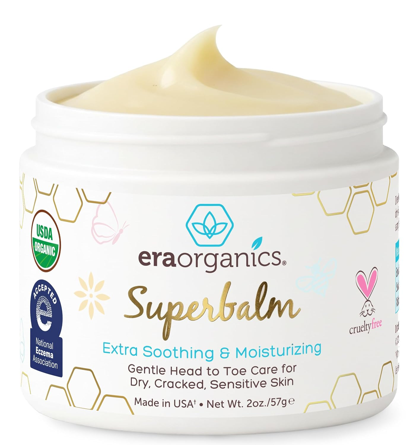 Era Organics Superbalm Extra Soothing and Moisturizing open jar 2 oz 57g, USDA organic, cruelty-free, National Eczema Association accepted, gentle head to toe care for dry cracked sensitive skin, made in USA on white background