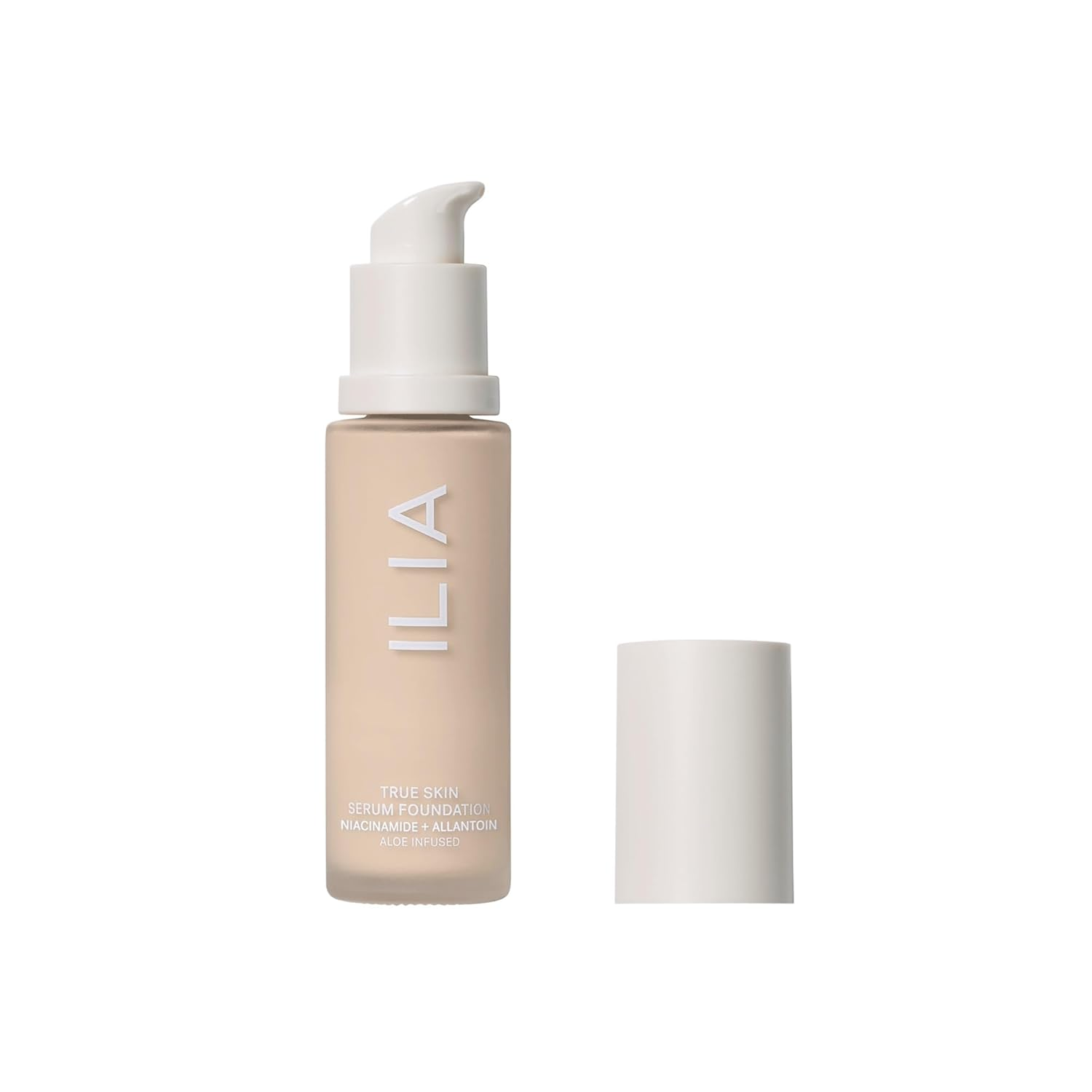 ILIA True Skin Serum Foundation in Sable SF.5 — pump bottle with cap off, clean beauty foundation with niacinamide and aloe