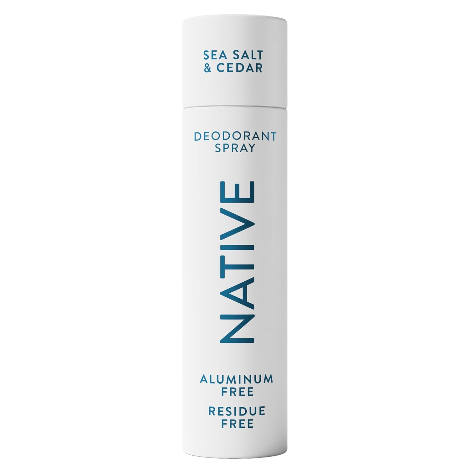 Native Deodorant & Body Spray in Sea Salt & Cedar scent, tall white aerosol can with teal typography reading Sea Salt & Cedar, Deodorant Spray, Aluminum Free, Residue Free, on a white background.