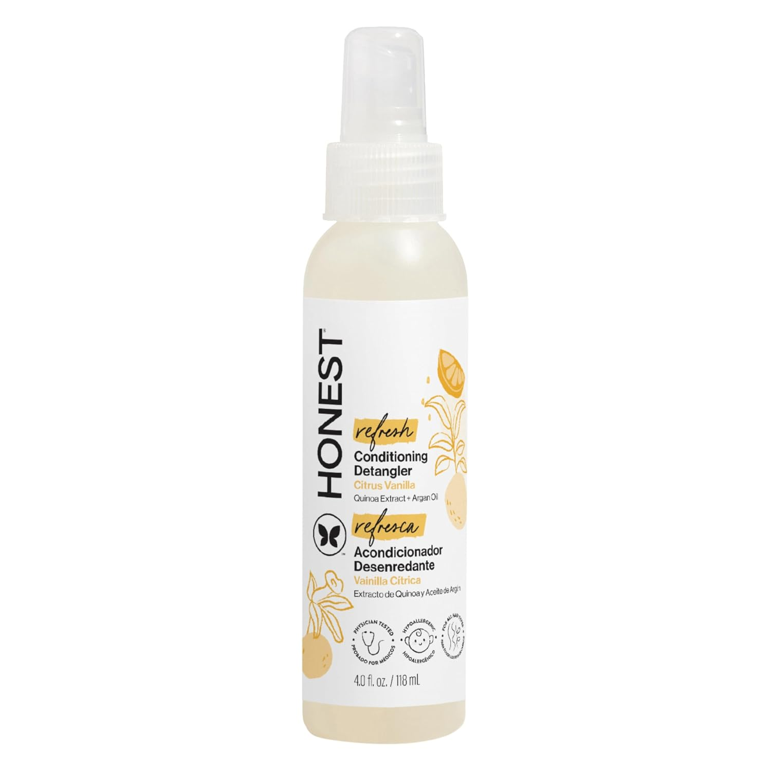 Honest Company Refresh Conditioning Detangler Citrus Vanilla 4 fl oz spray bottle on white background