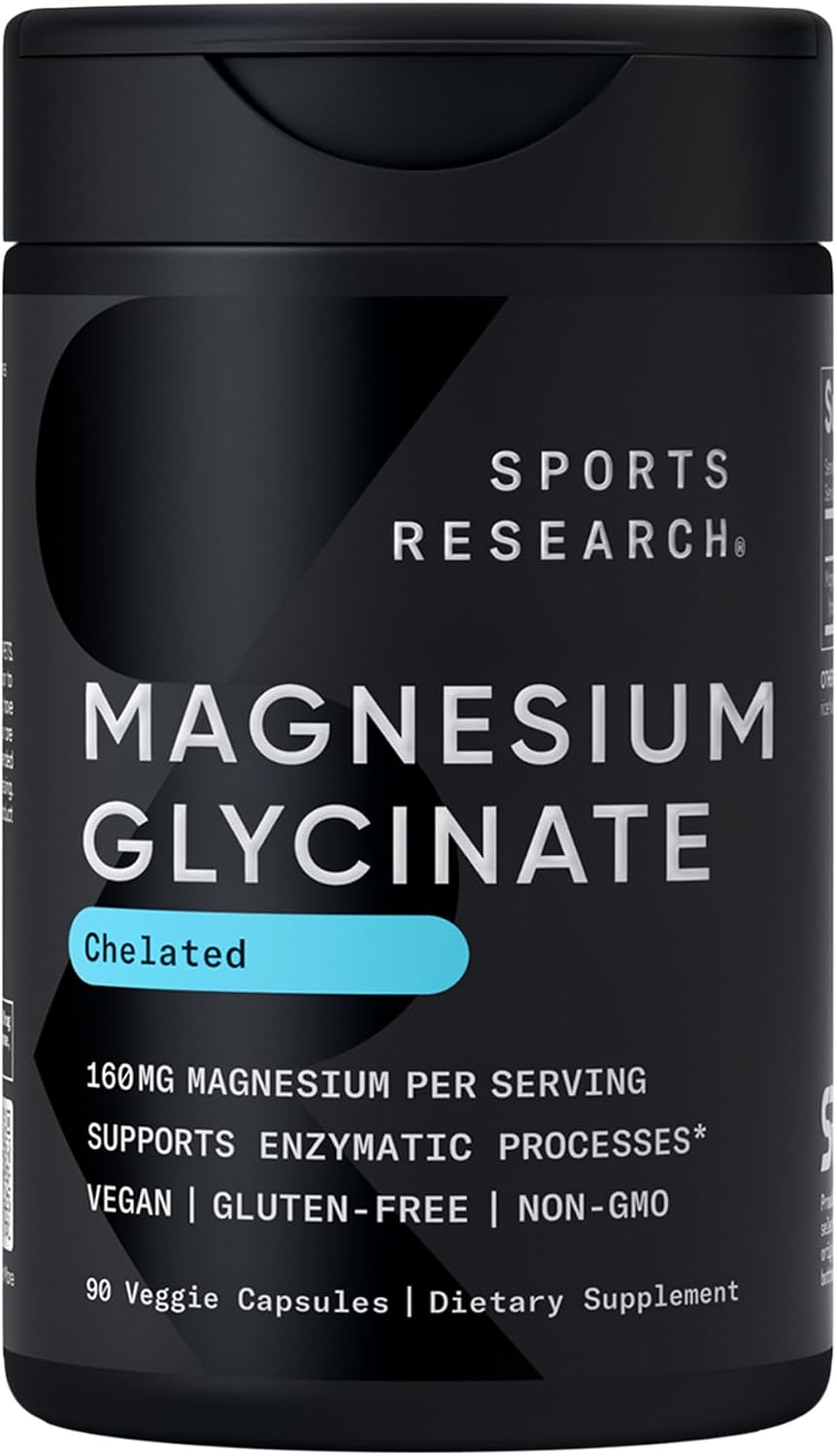 Sports Research Magnesium Glycinate chelated supplement bottle, 160mg per serving, vegan, gluten-free, non-GMO, 90 veggie capsules, supports restful sleep and enzymatic processes