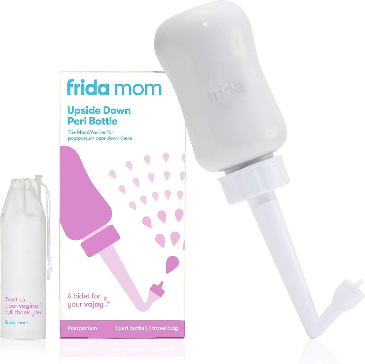 Frida Mom Upside Down Peri Bottle with travel pouch and product box, postpartum perineal cleansing bottle