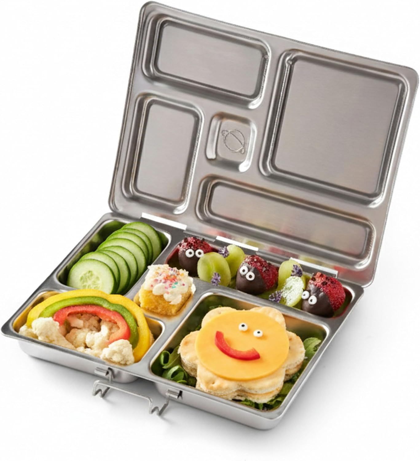 PlanetBox Rover stainless steel 5-compartment bento lunch box open showing sandwich, veggies, fruit and snacks