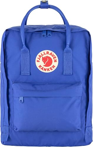 Fjällräven Kånken Classic backpack in cobalt blue on white background showing front zip pocket and dual top handles