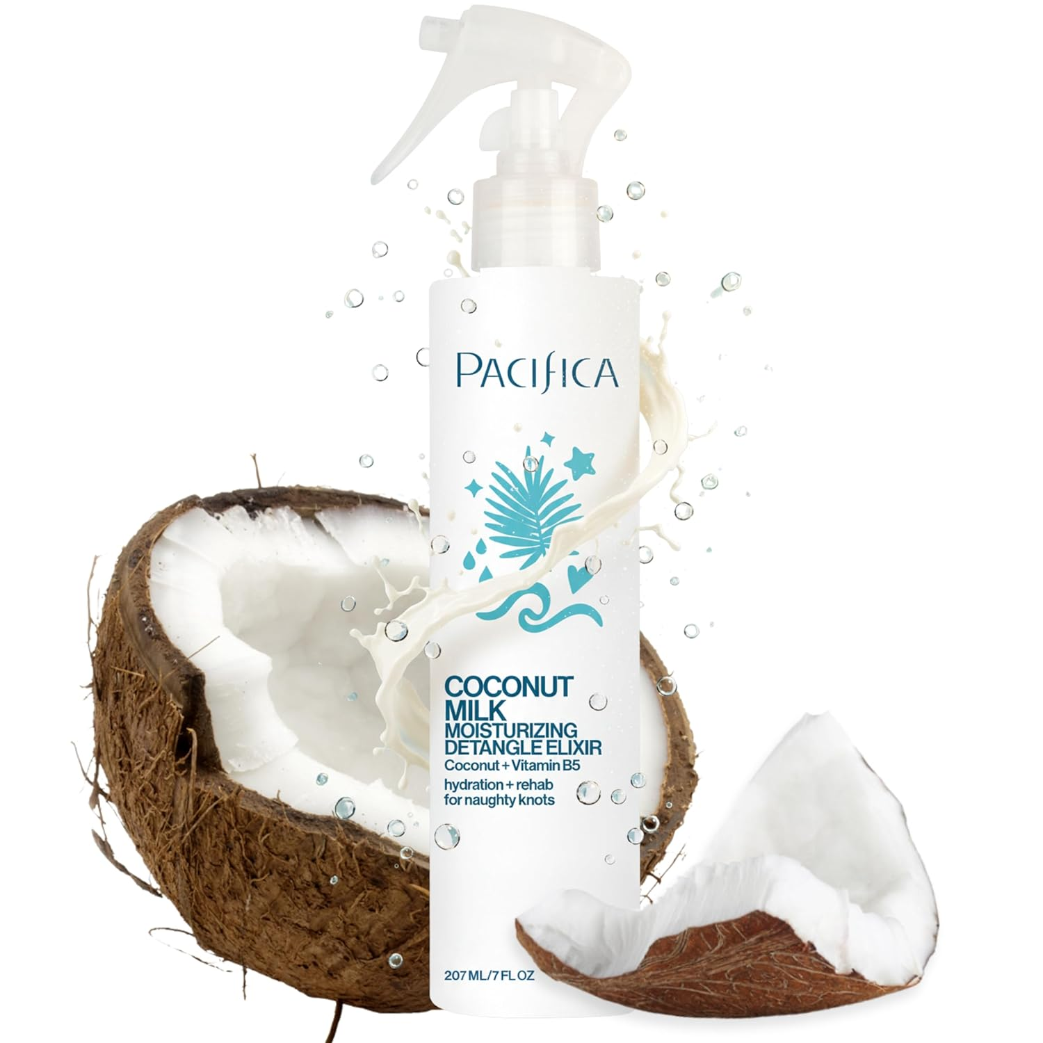 Pacifica Coconut Milk Moisturizing Detangle Elixir spray bottle with coconut halves on white background