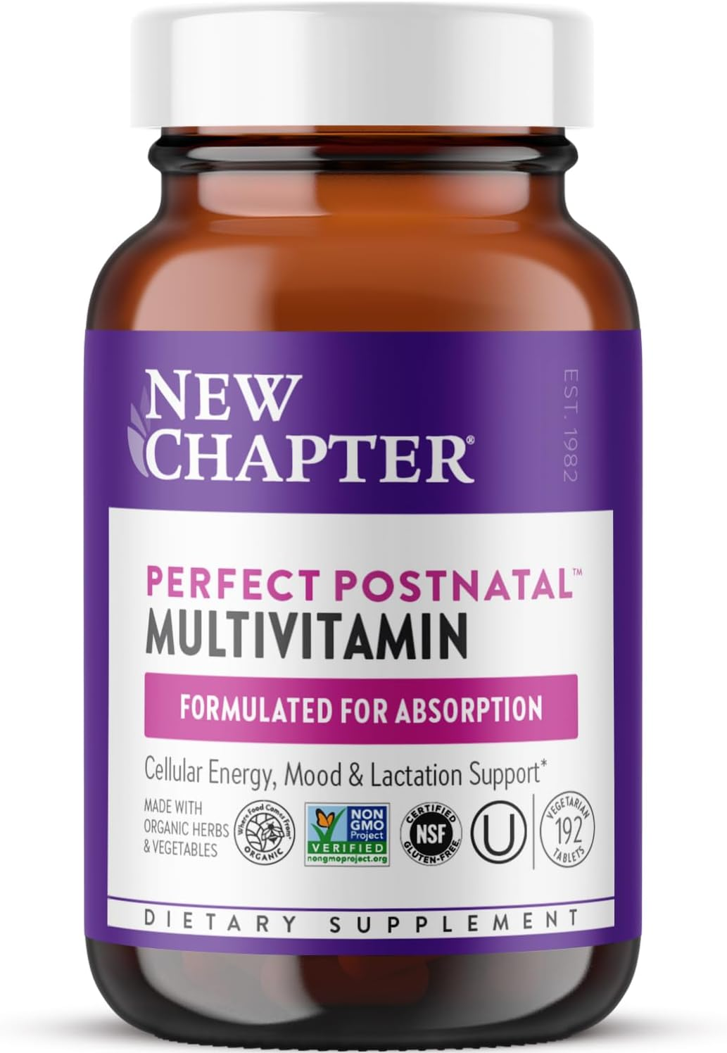 New Chapter Perfect Postnatal Multivitamin amber glass bottle with purple label, 192 tablets, formulated for absorption with non-GMO and organic certifications