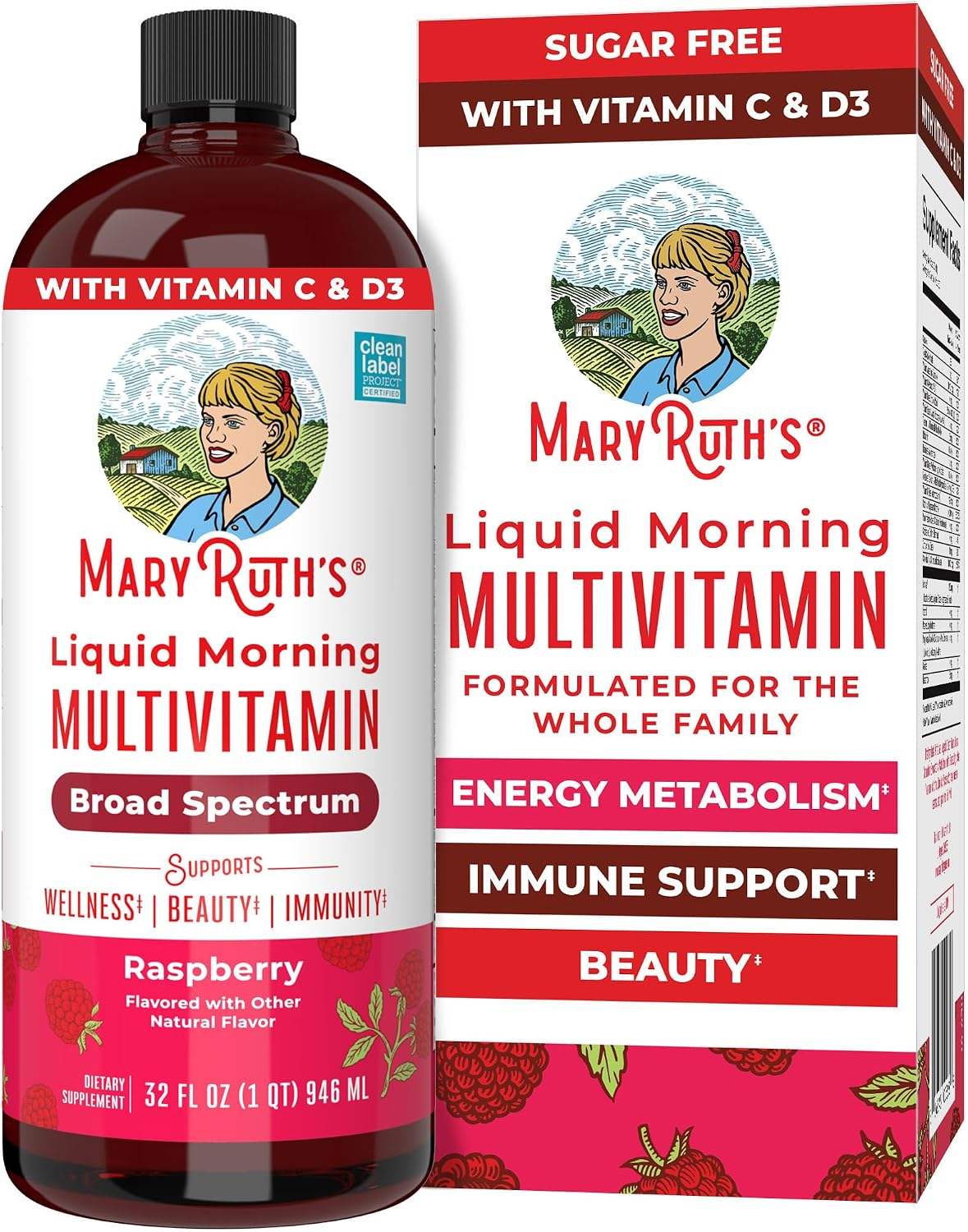 MaryRuth's Liquid Morning Multivitamin — Sugar-Free Broad Spectrum for Women Men and Kids, Raspberry, 32 fl oz — BodyWell1