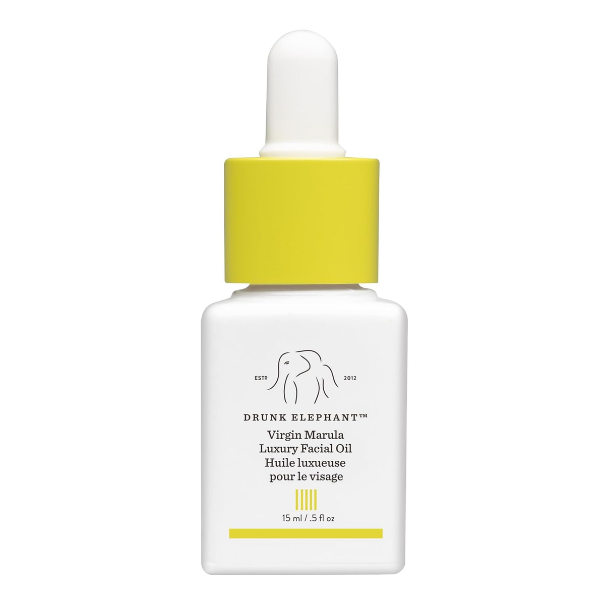 Drunk Elephant Virgin Marula Luxury Facial Oil 0.5 fl oz white bottle with yellow dropper cap on white background — clean cruelty-free face oil at BodyWell1