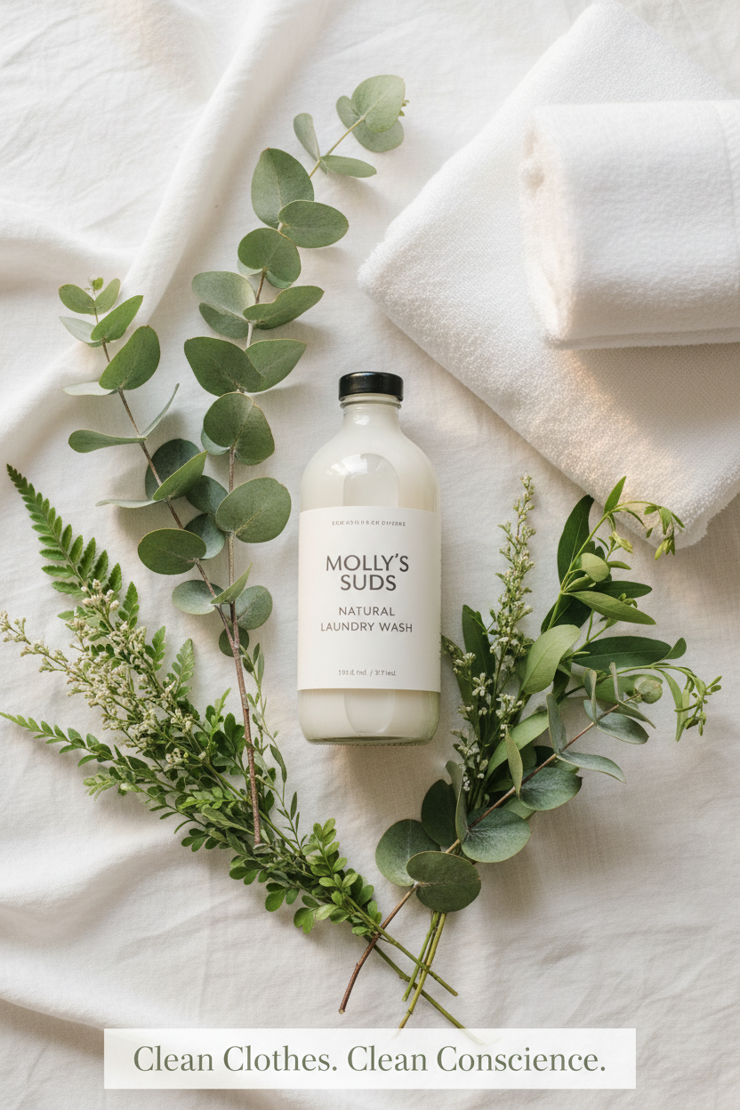 Molly's Suds Natural Liquid Laundry Wash bottle surrounded by eucalyptus and white cotton on white linen — non-toxic, plant-based laundry detergent safe for sensitive skin.