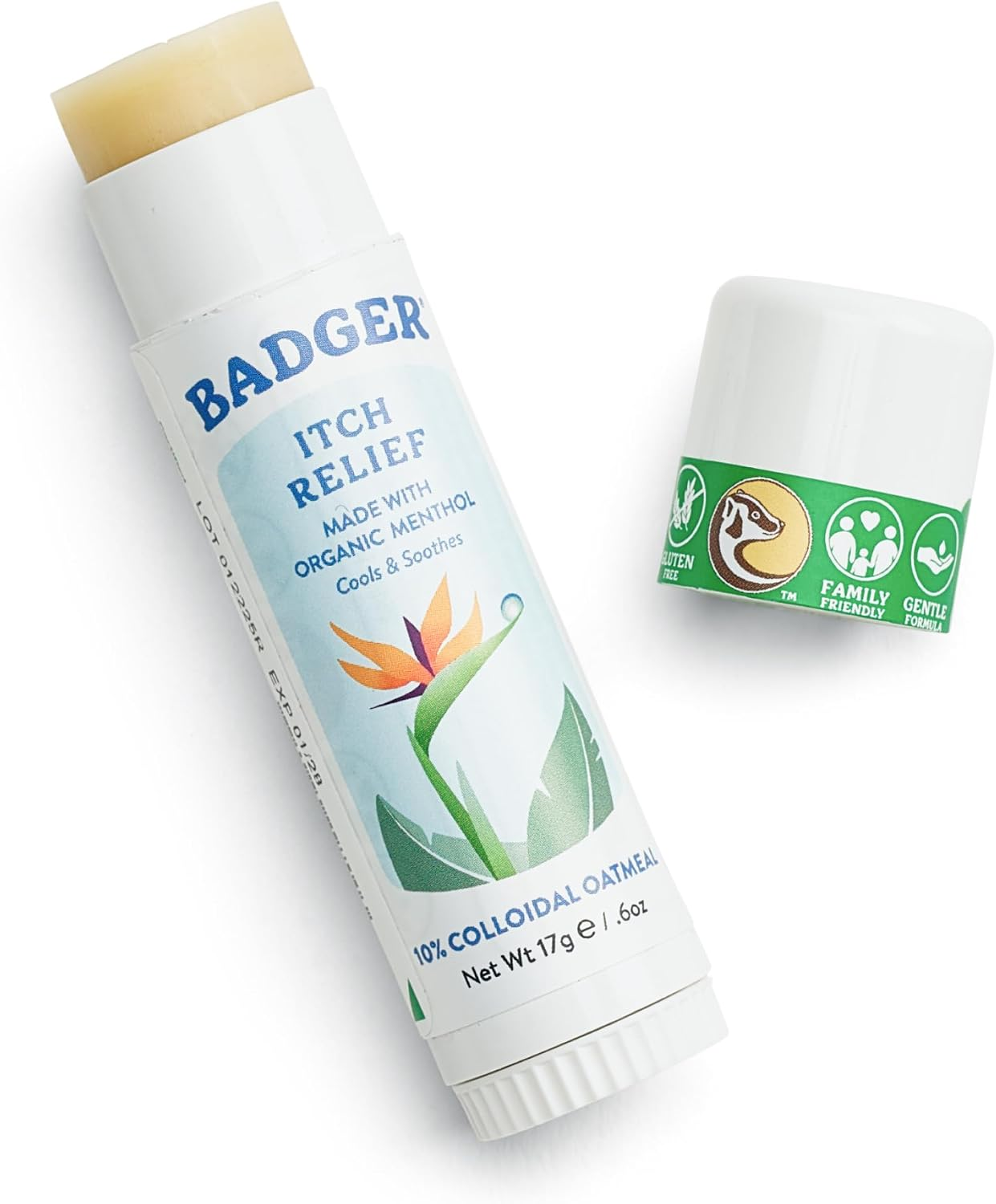 Badger Bug Bite Itch Relief Stick 0.6oz with cap off showing stick applicator — natural and organic anti-itch cream with 10% colloidal oatmeal and organic menthol, family friendly and gentle formula