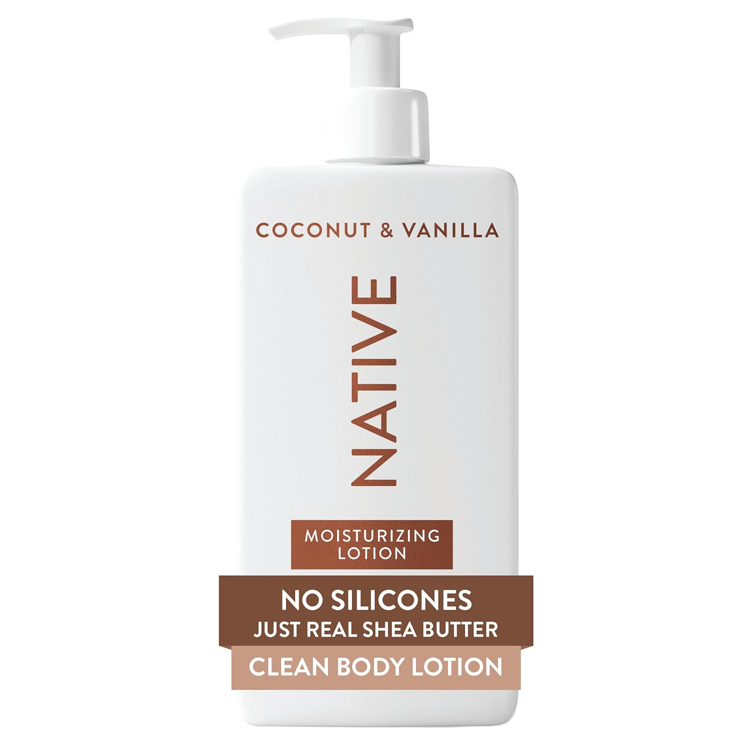 Native Body Lotion in Coconut & Vanilla, 16.5 fl oz white pump bottle with brown label reading No Silicones Just Real Shea Butter Clean Body Lotion on a white background.